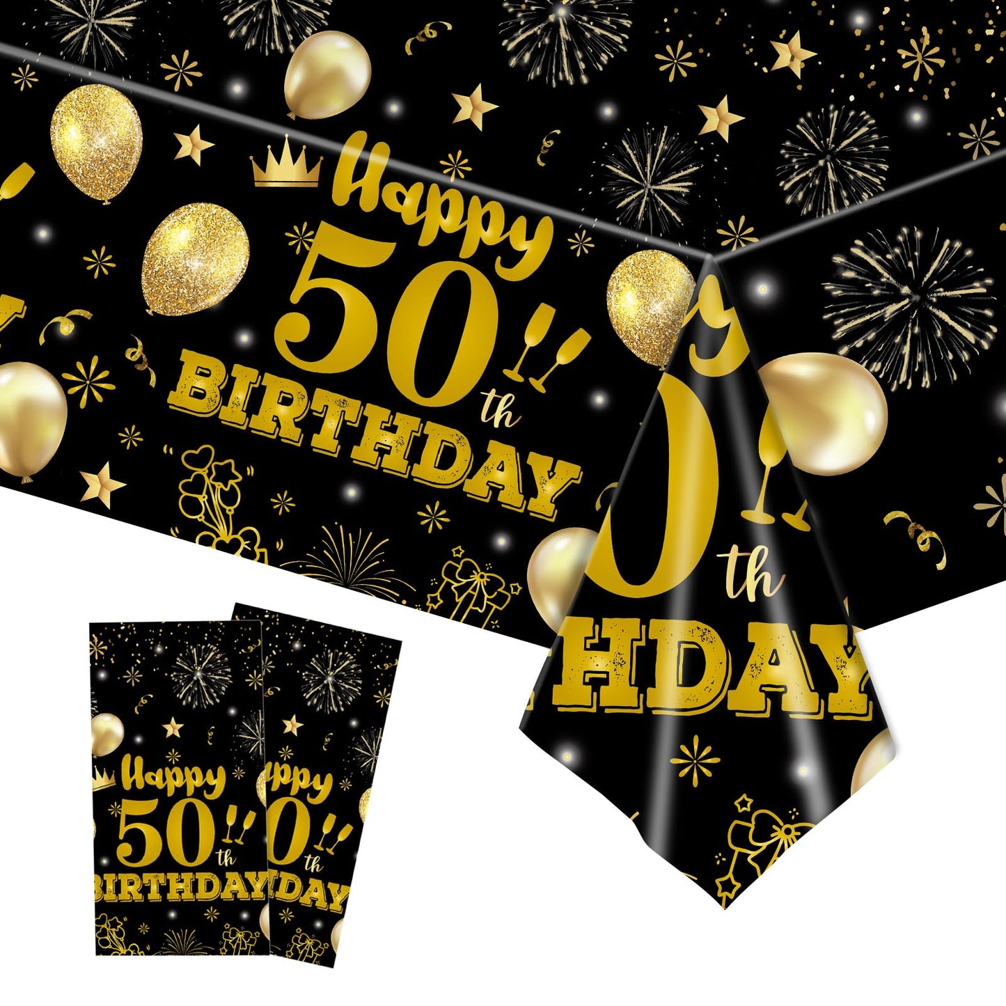 EVYIENEN 2 Pack 50th Birthday Tablecloth,Disposable Black Gold Plastic Waterproof Rectangular Table Covers for Christmas Party Decorations Men Women, 54 x 108 Inch