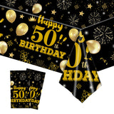 EVYIENEN 2 Pack 50th Birthday Tablecloth,Disposable Black Gold Plastic Waterproof Rectangular Table Covers for Christmas Party Decorations Men Women, 54 x 108 Inch