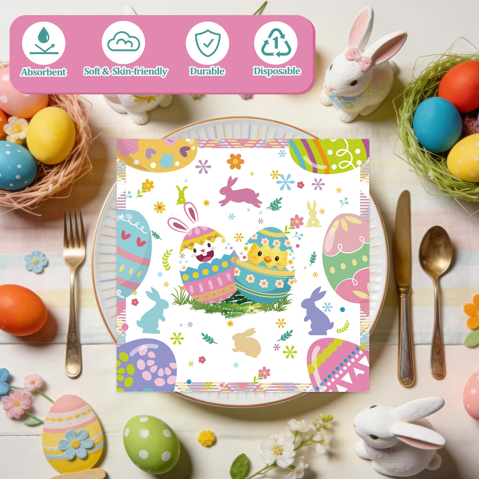 50Pcs Easter Paper Napkins - 6.5'' x 6.5'' Vibrant Bunny Eggs Floral Cocktail Napkins Disposable Decoration Supplies for Easter Spring Birthday Party