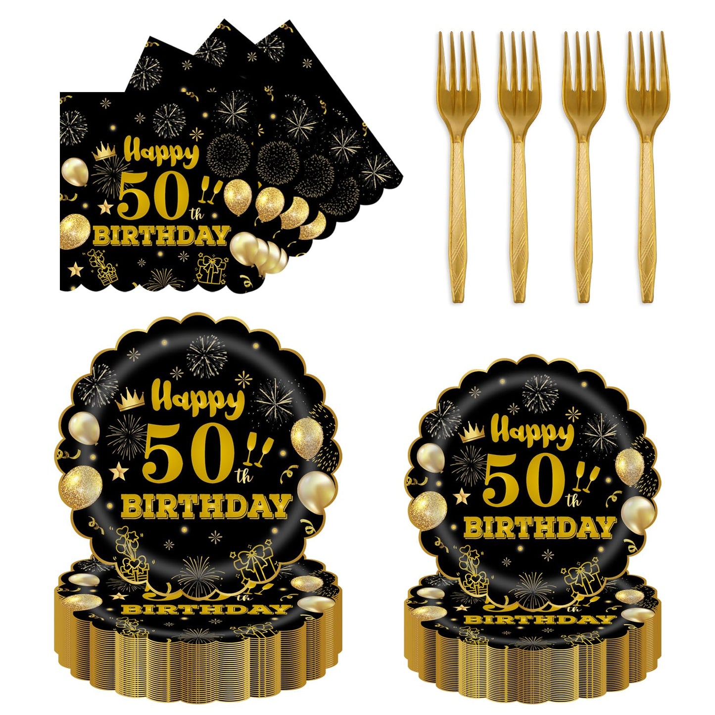 EVYIENEN 96Pcs 50th Birthday Party Tableware Set,Back in 1965 Birthday Party Decorations Supplies, Disposable Black and Gold 50th Birthdays Paper Plates Napkins Forks Favors for Men Women, Serve 24