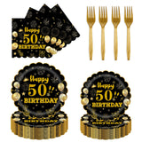 EVYIENEN 96Pcs 50th Birthday Party Tableware Set,Back in 1965 Birthday Party Decorations Supplies, Disposable Black and Gold 50th Birthdays Paper Plates Napkins Forks Favors for Men Women, Serve 24