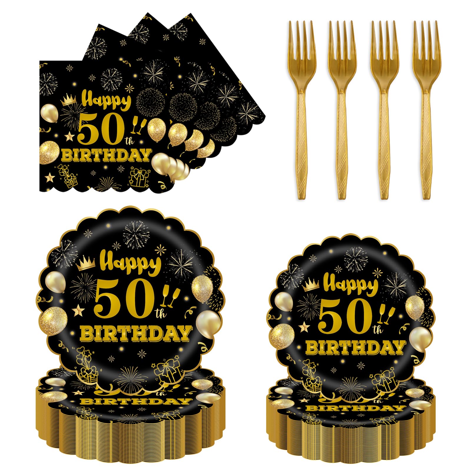 EVYIENEN 96Pcs 50th Birthday Party Tableware Set,Back in 1965 Birthday Party Decorations Supplies, Disposable Black and Gold 50th Birthdays Paper Plates Napkins Forks Favors for Men Women, Serve 24