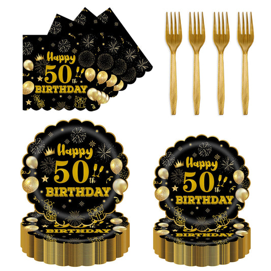 EVYIENEN 96Pcs 50th Birthday Party Tableware Set,Back in 1965 Birthday Party Decorations Supplies, Disposable Black and Gold 50th Birthdays Paper Plates Napkins Forks Favors for Men Women, Serve 24