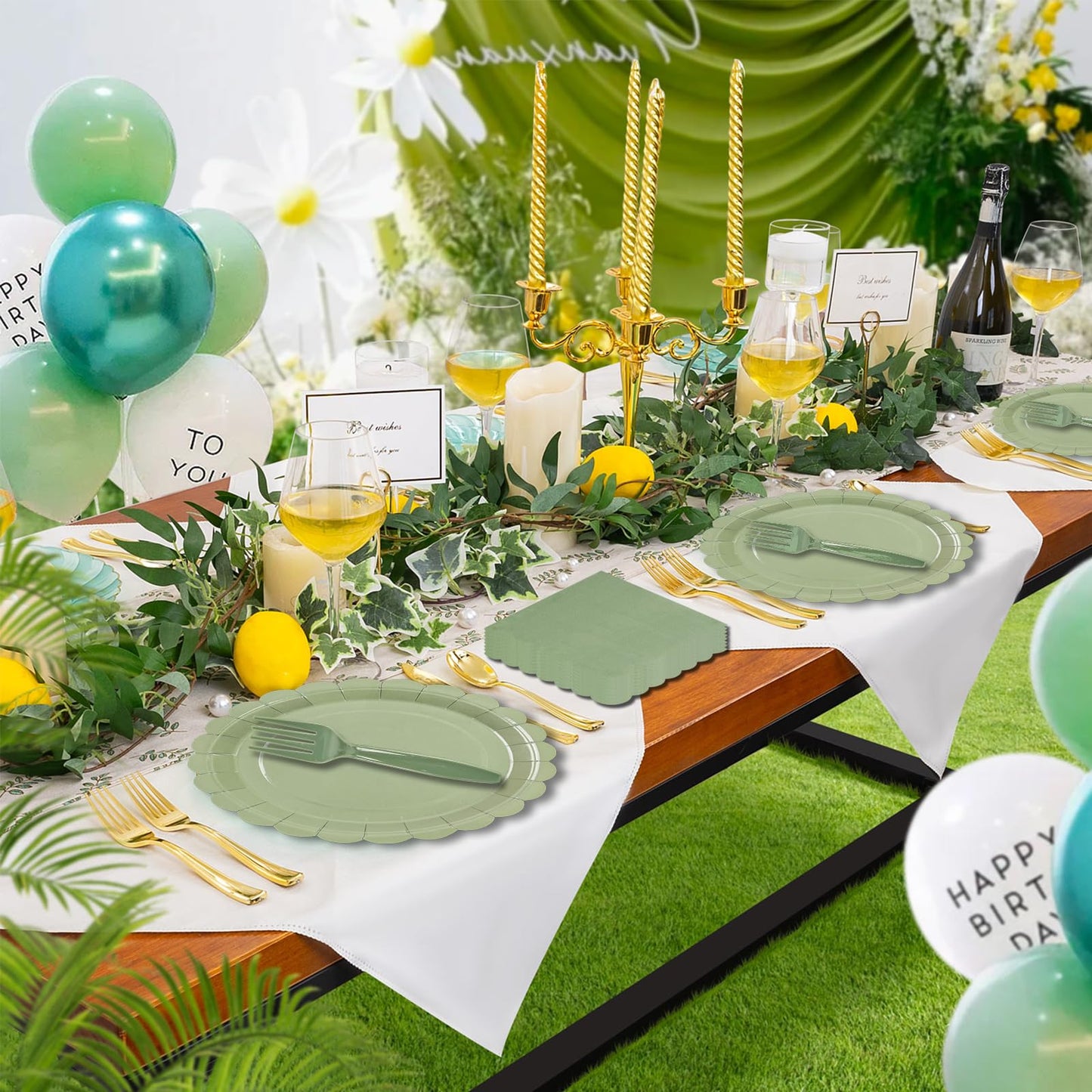 150Pcs Sage Green Paper Plates and Napkins,50 Sage Green Guest Scalloped Paper Tableware Forks Disposable Dinnerwaret Kit for Baby Shower Bridal Wedding Birthday Party New Year Decorations (9inch)