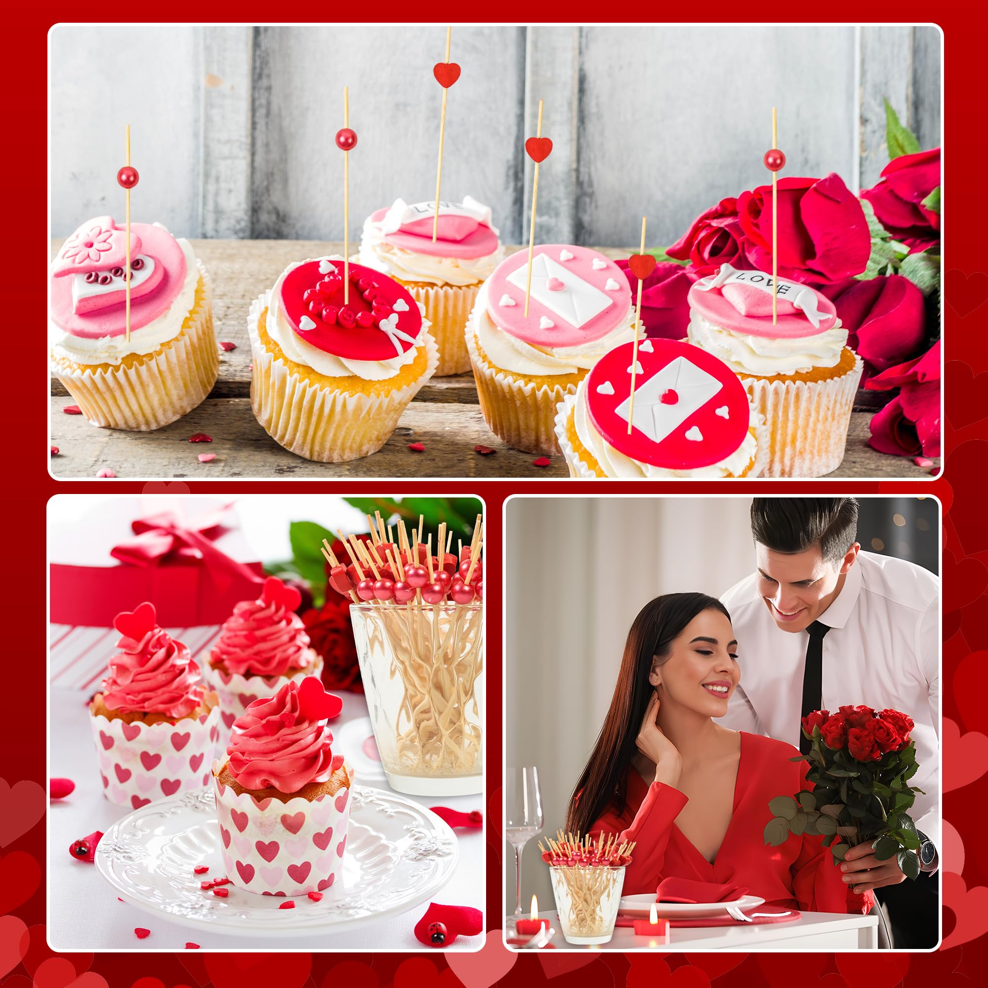 100 pcs Red Heart Shaped Pearl Fancy Cocktail Picks，4.7 Inch Handmade Bamboo Cocktail Toothpicks for Valentines Day Decoration Party Supplies (Red mix)