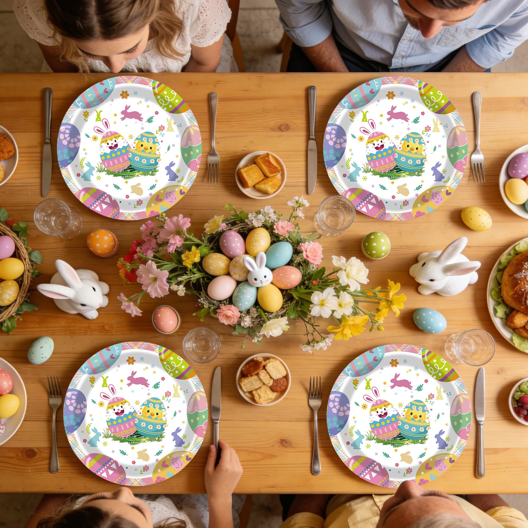 50Pcs Easter Paper Plates, 7 Inch Colorful Bunny and Egg Dessert Plates for Easter, Spring and Birthday Parties