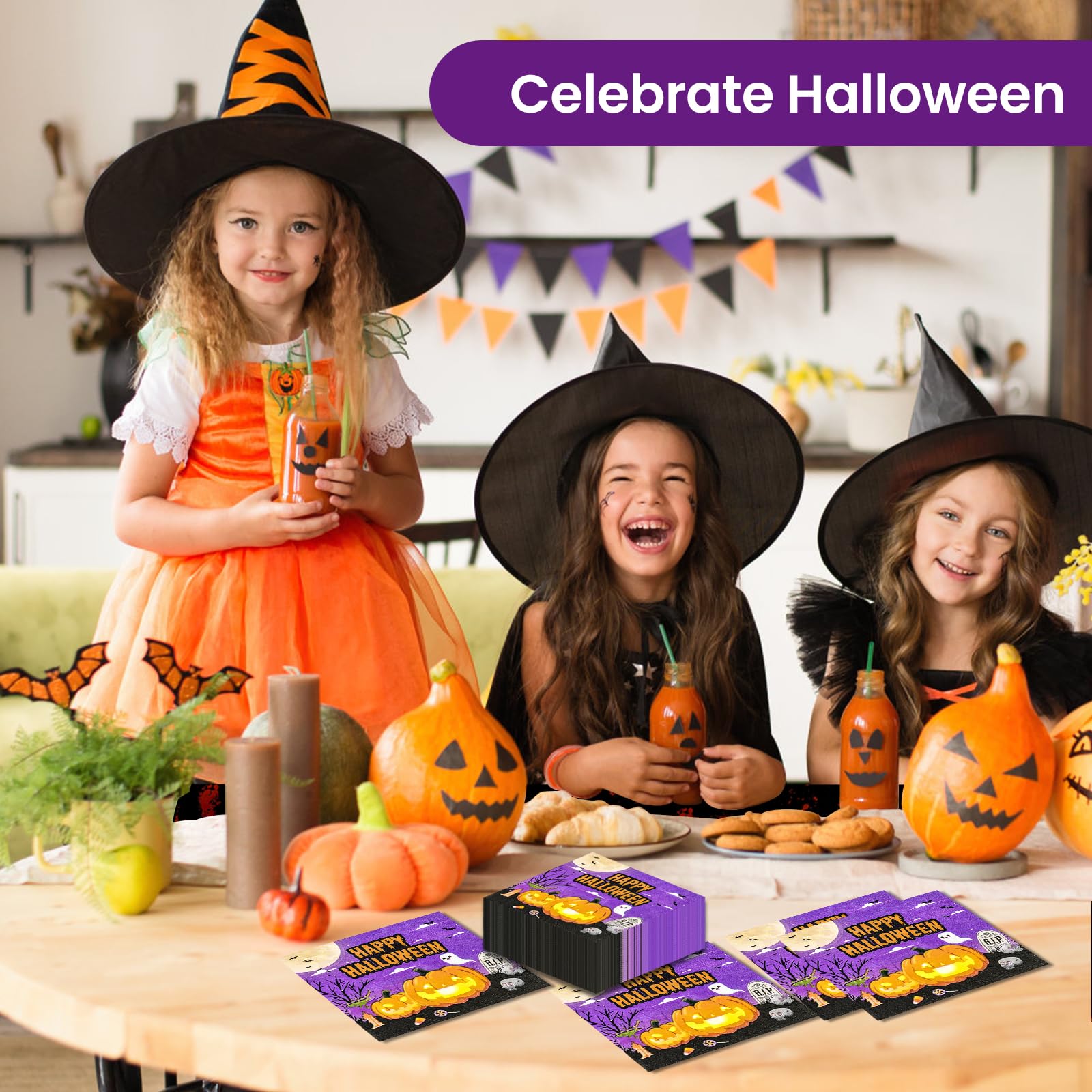 50 Pcs Halloween Napkins,13 x 13 Inch Pumpkin Ghosts Skeletons Disposable Luncheon Cocktail Napkins Party Supplies for Halloween Gifts Dinner Party Decoration