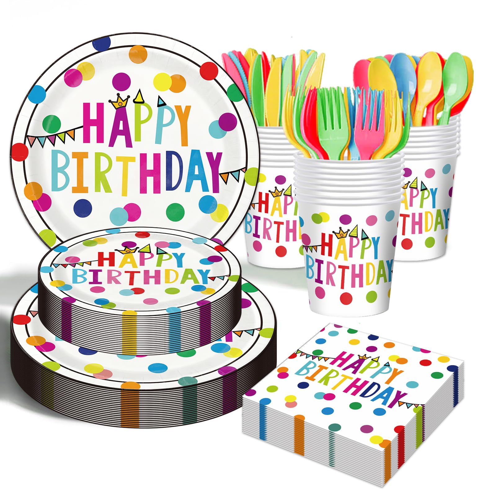 Birthday Plates & Napkins Party supplies - 175Pcs Happy Birthday Paper Plates and Napkins Sets, Disposable Happy Birthday Dots Tableware Set for Boys and Girls Party Decorations, Serves 25