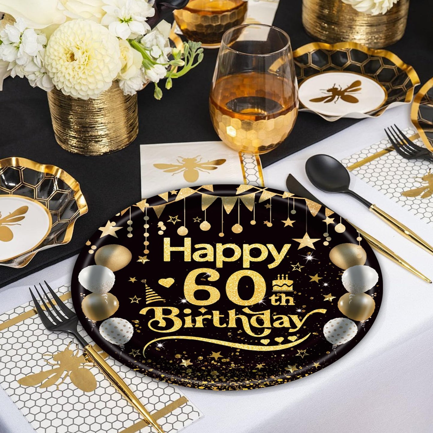 50Pcs 60th Birthday Paper Plates, 9 Inch Black and Gold Disposable Dessert Plates for Men and Women, 60th Birthday and Wedding Party