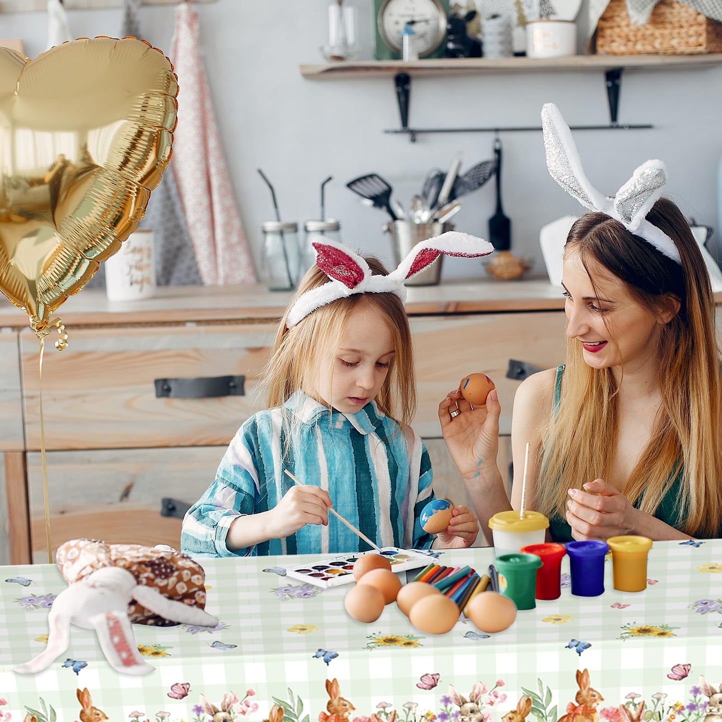 Easter Rectangle Plastic Table Cover, 54x108 Inch Colorful Eggs Bunny and Floral Tablecloth for Easter and Spring Party Decorations