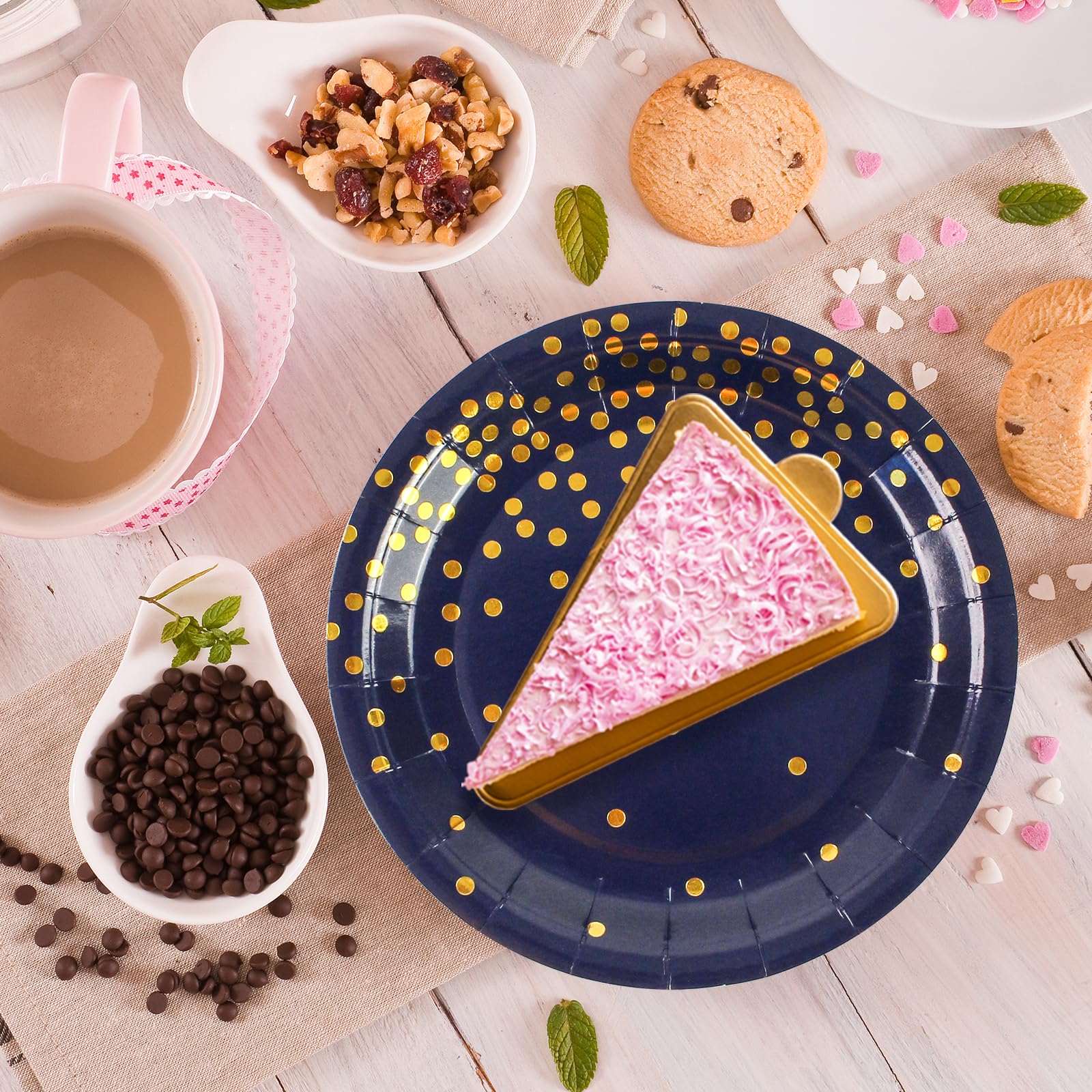 50Pcs Dark Blue and Gold Dinner Plates and Napkins, 9 Inch Gold Foil Dot Dessert Plates with Napkins for Birthdays, Weddings and New Year, Serves 25