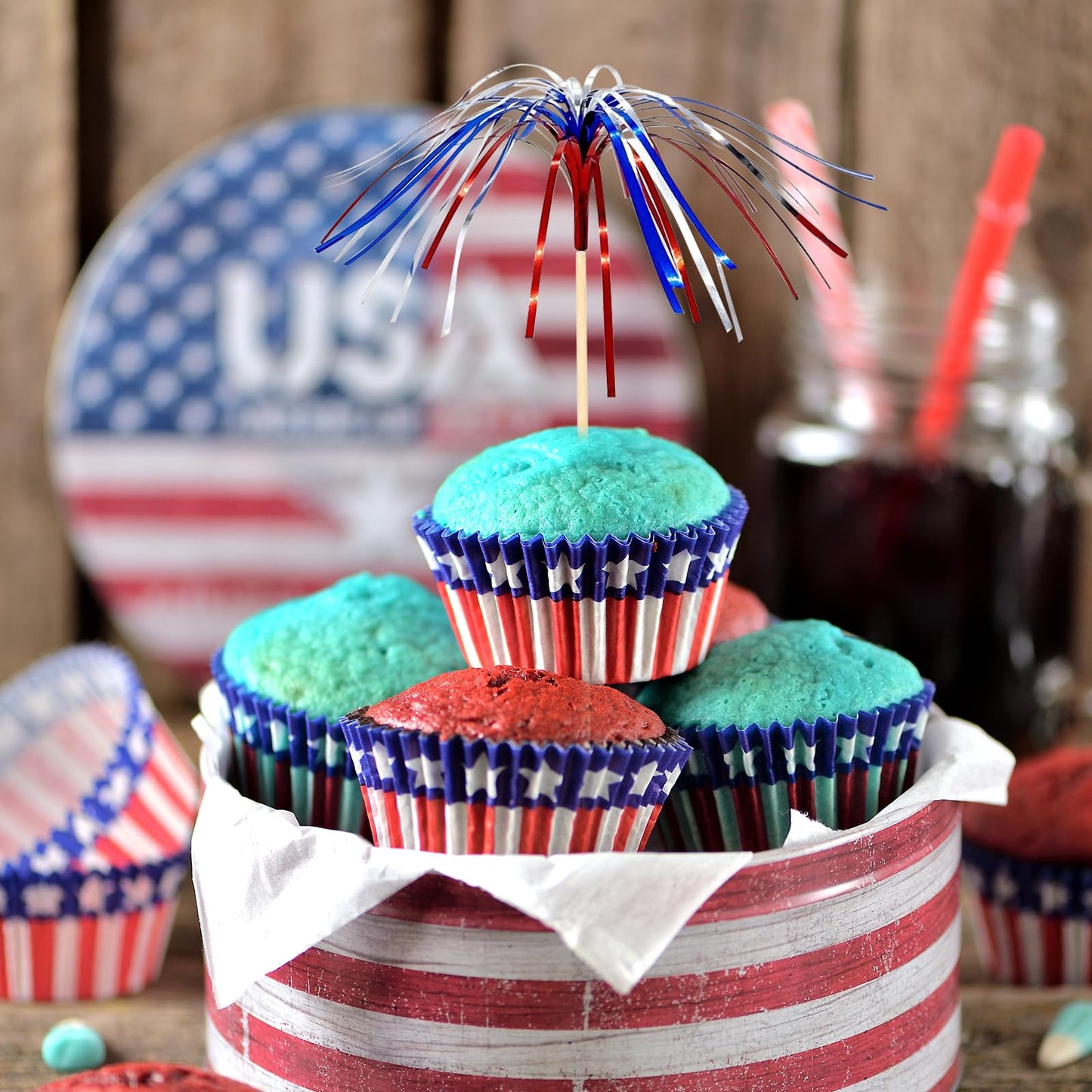 100 Pcs 4th of July Cocktail Picks, Red White Blue Firework Bamboo Toothpicks for Appetizers & Party