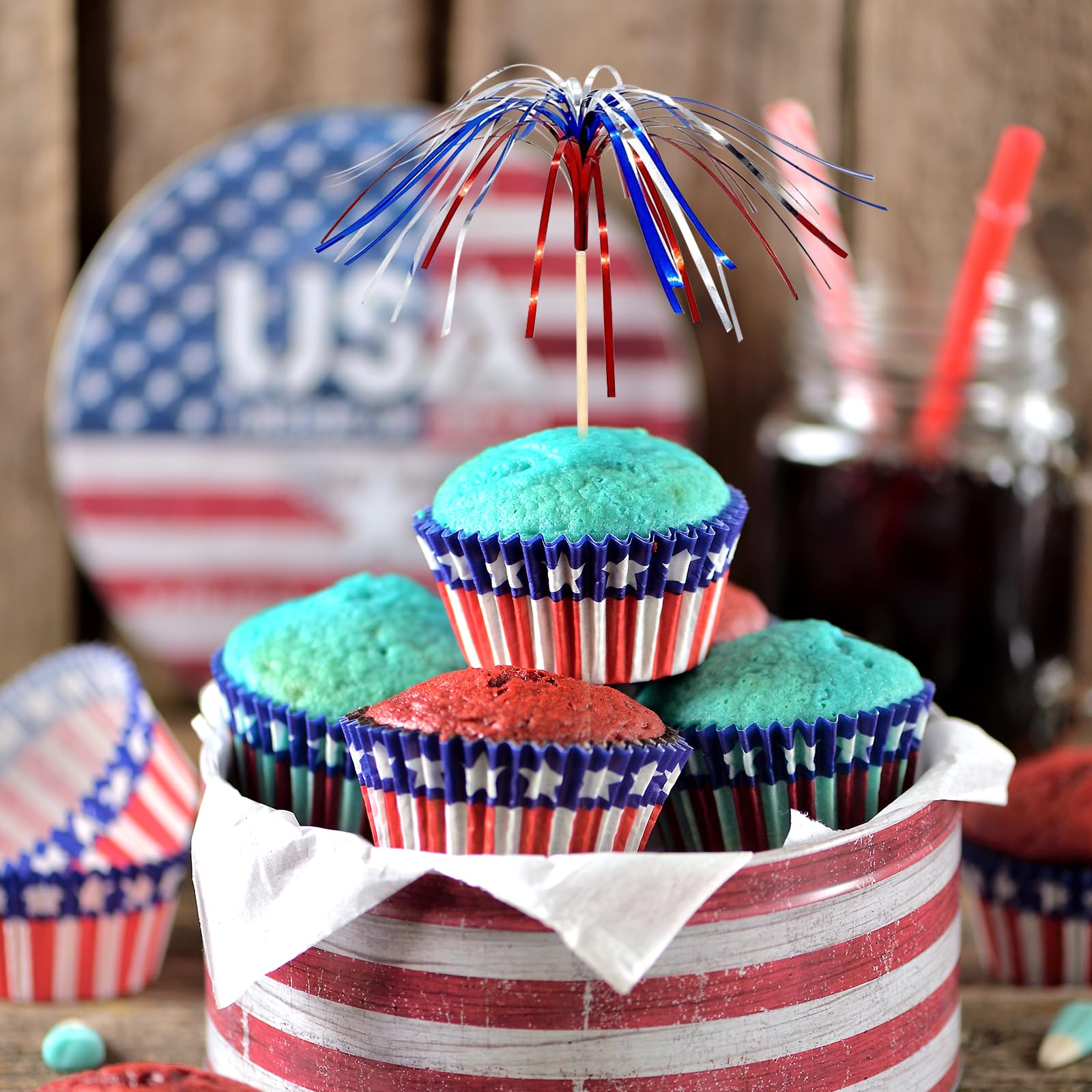 100 Pcs 4th of July Cocktail Picks, Red White Blue Firework Bamboo Toothpicks for Appetizers & Party