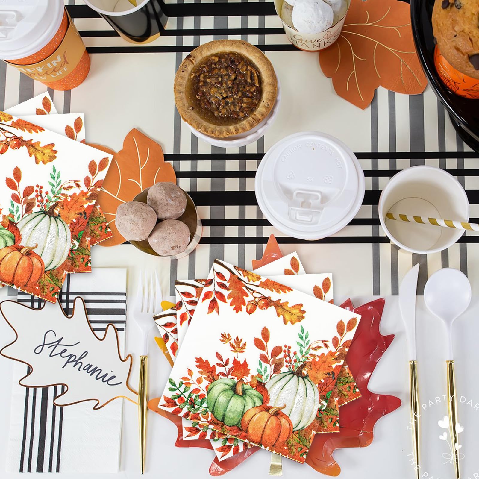 40 PCS Fall Pumpkin Paper Napkins Watercolor Autumn Luncheon Napkins Disposable Pumpkins Maple Leaves Party Napkin for Autumn Thanksgiving Harvest Home Kitchen Party Supplies, 6.5 x 6.5 Inch