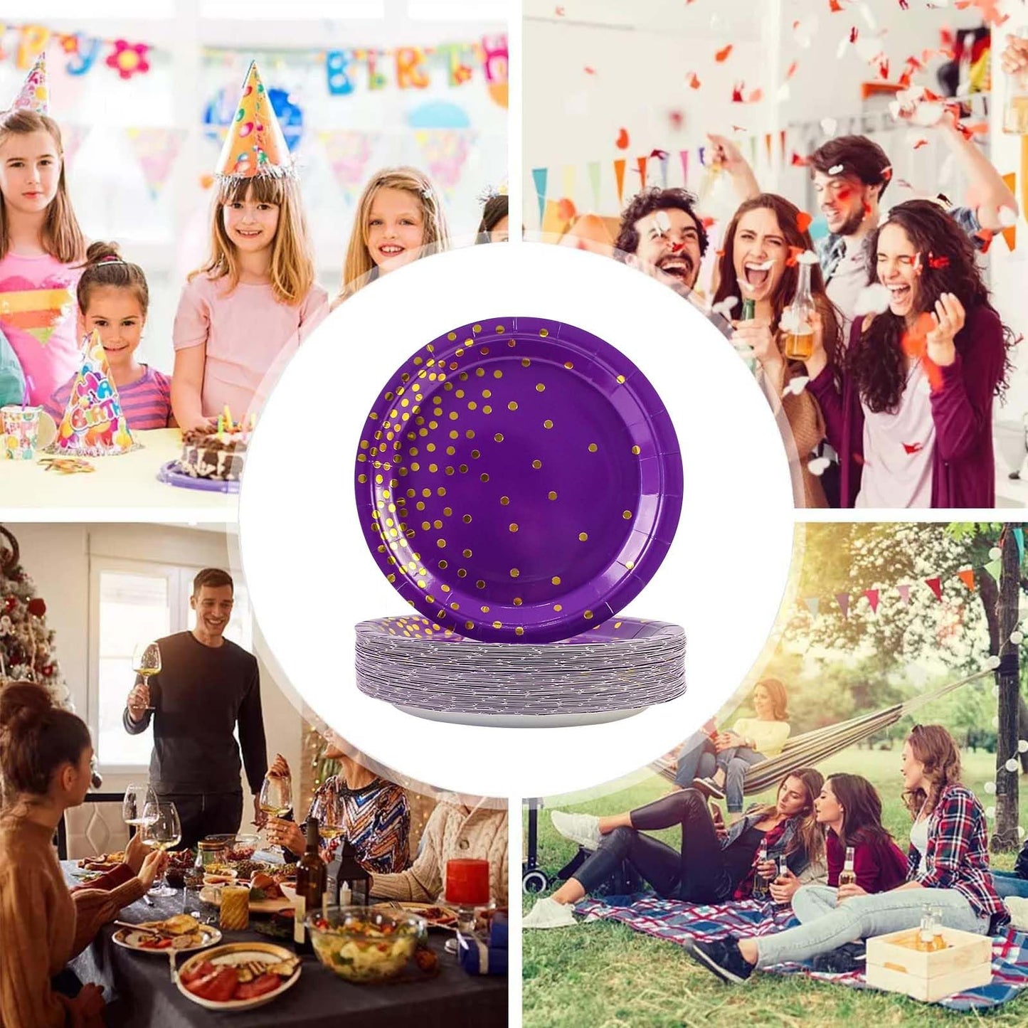 EVYIENEN 50 Pcs Purple and Gold Paper Plates, 7 inch Halloween Disposable Dessert Party Plates Party Supplies for Halloween Fall Thanksgiving Birthday Wedding Party Decorations