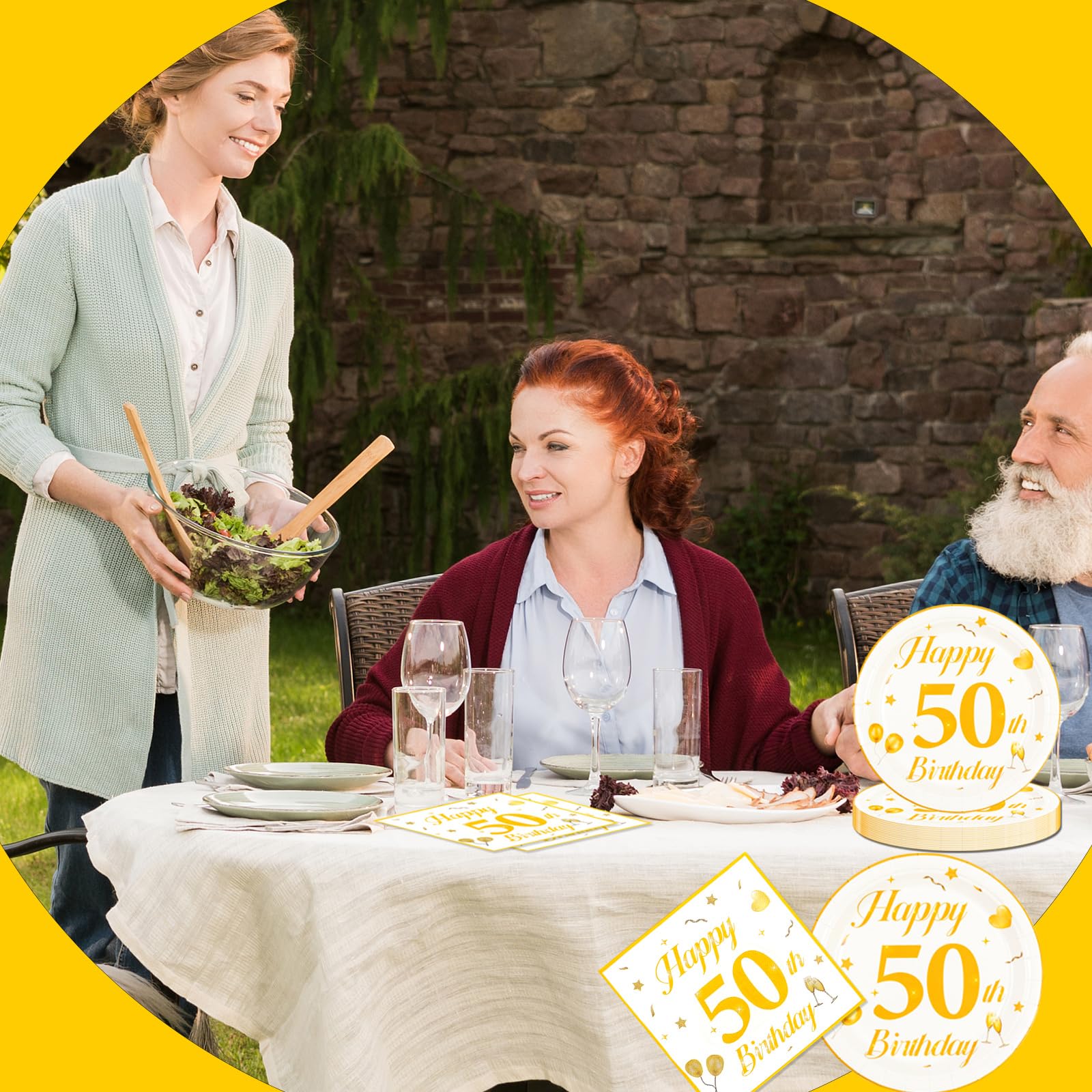 EVYIENEN 50PCS 50th Happy Birthday Plates and Napkins,7 Inch Premium Wihte and Gold Birthday Dessert Cake Plates Party and Cocktail Napkin for Men and Women Table Anniversary Decoration