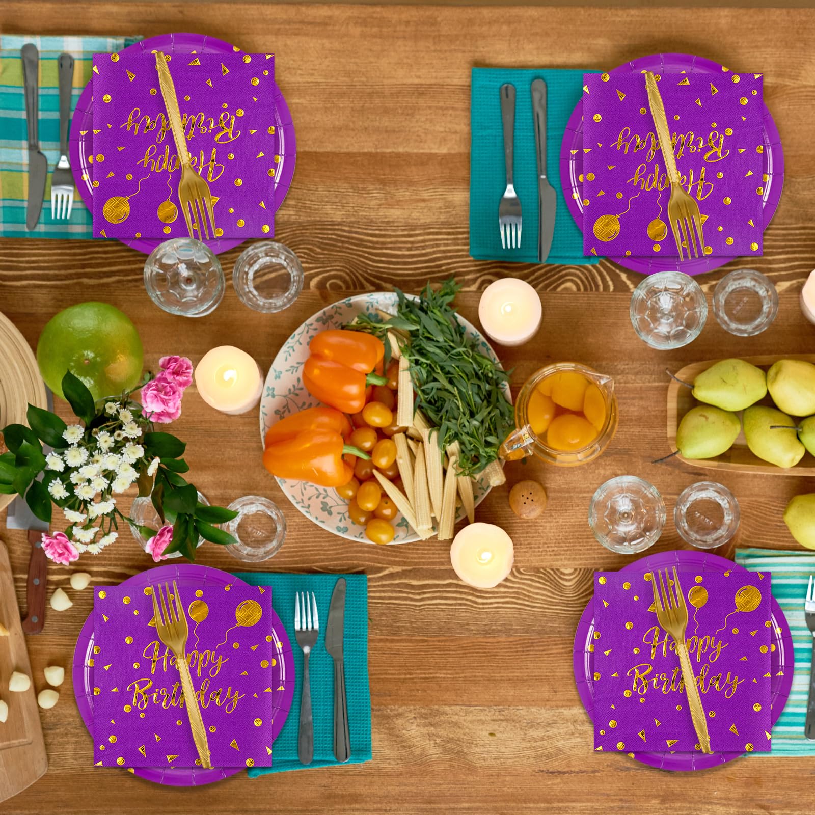75Pcs Happy Birthday Purple Glod Paper Plates and Napkins Party Supplies Set,Purple Disposable Plates Party Supplies Includes Paper Napkins Forks Decorations for Birthday,Wedding,Christmas,Serves 25