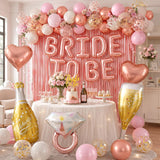 Rose Gold Bachelorette Party Decorations, Bride To Be Bridal Shower Balloons Banner Cake Topper, Pink White Gold Confetti Ring Champagne Bottle Glass Balloons Foil Curtains for Engagement Wedding