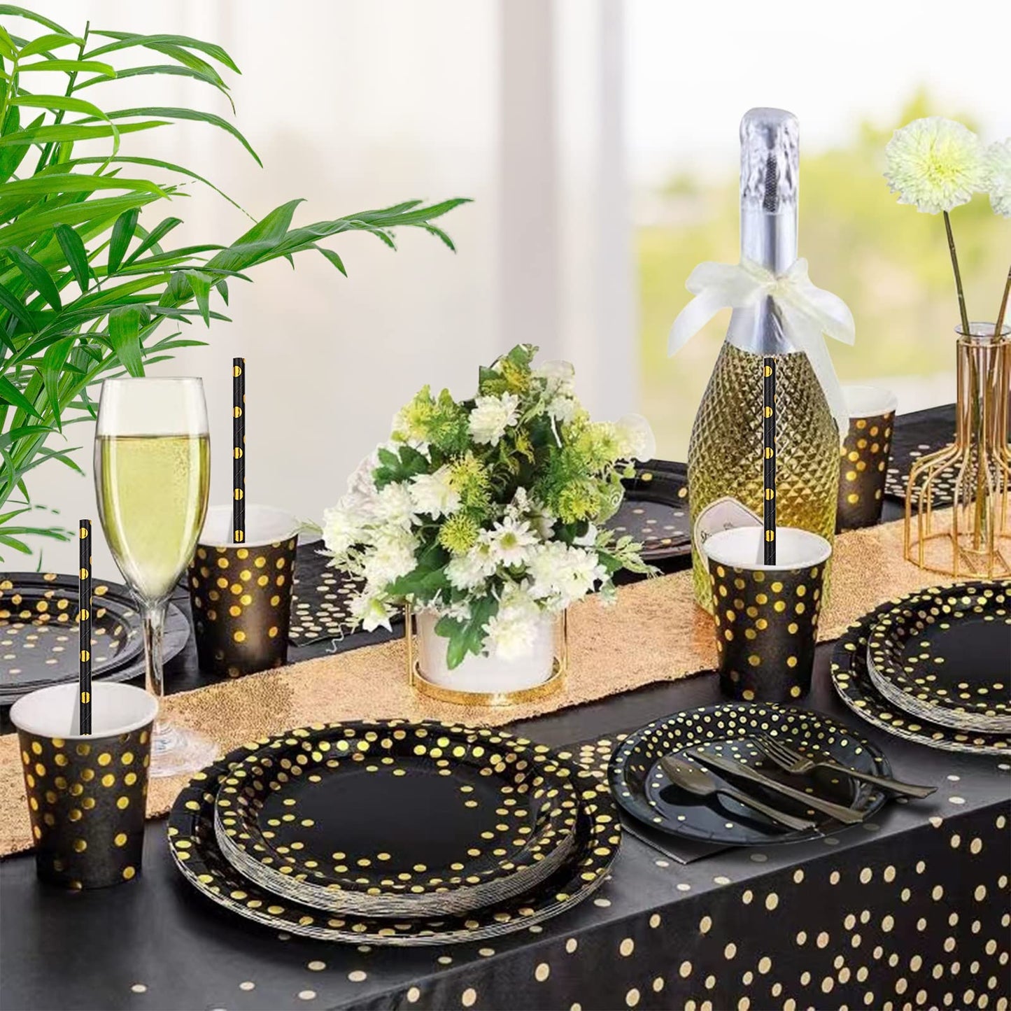 EVYIENEN 50 Pack Black and Gold Paper Plates, 7inch Metallic Foil Polka Dots Disposable Dessert Party Plates Party Supplies for Graduation Birthday Party Weddings Holiday