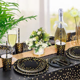 EVYIENEN 50 Pack Black and Gold Paper Plates, 7inch Metallic Foil Polka Dots Disposable Dessert Party Plates Party Supplies for Graduation Birthday Party Weddings Holiday