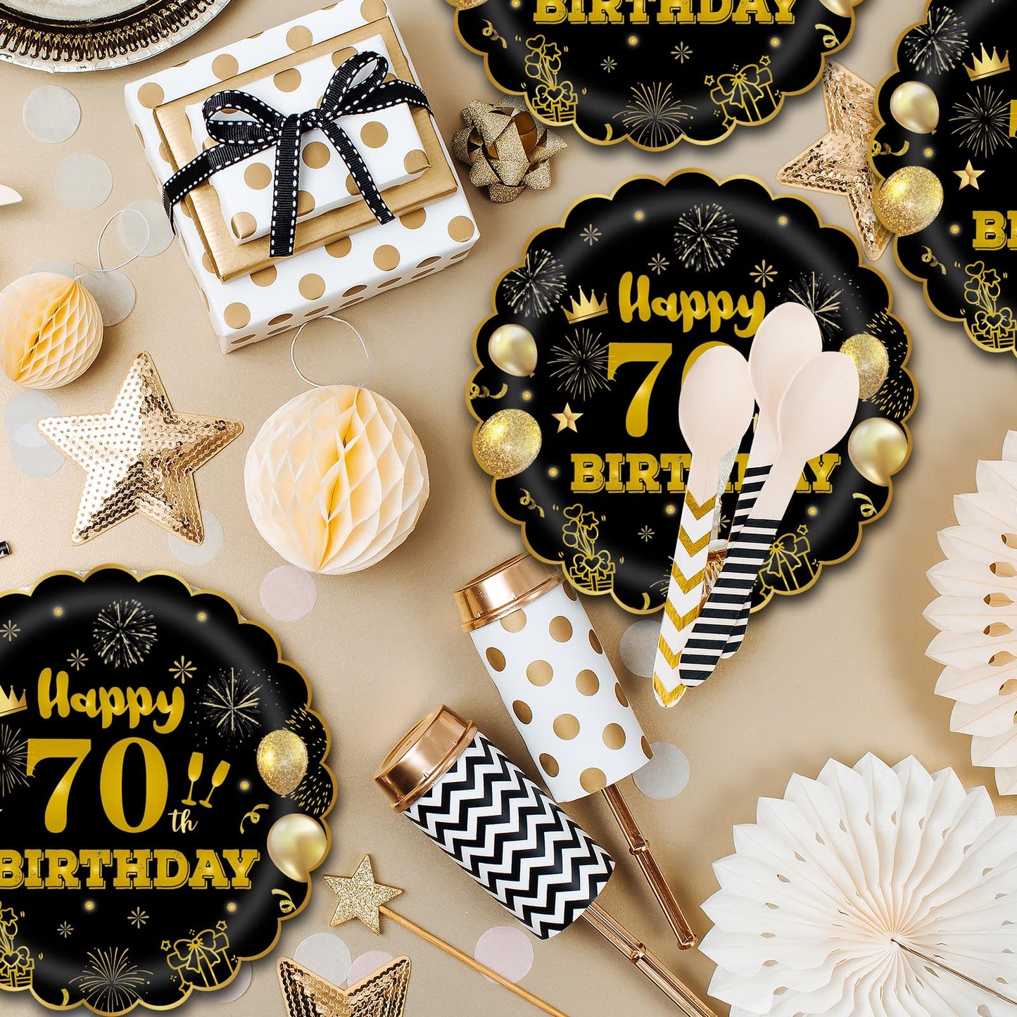 EVYIENEN 50Pcs 70th Birthday Party Paper Plates,7inch Disposable Black and Gold Scalloped Dessert Party Plates for Birthday Wedding Anniversary Reception Event Decorations