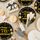 EVYIENEN 50Pcs 70th Birthday Party Paper Plates,7inch Disposable Black and Gold Scalloped Dessert Party Plates for Birthday Wedding Anniversary Reception Event Decorations