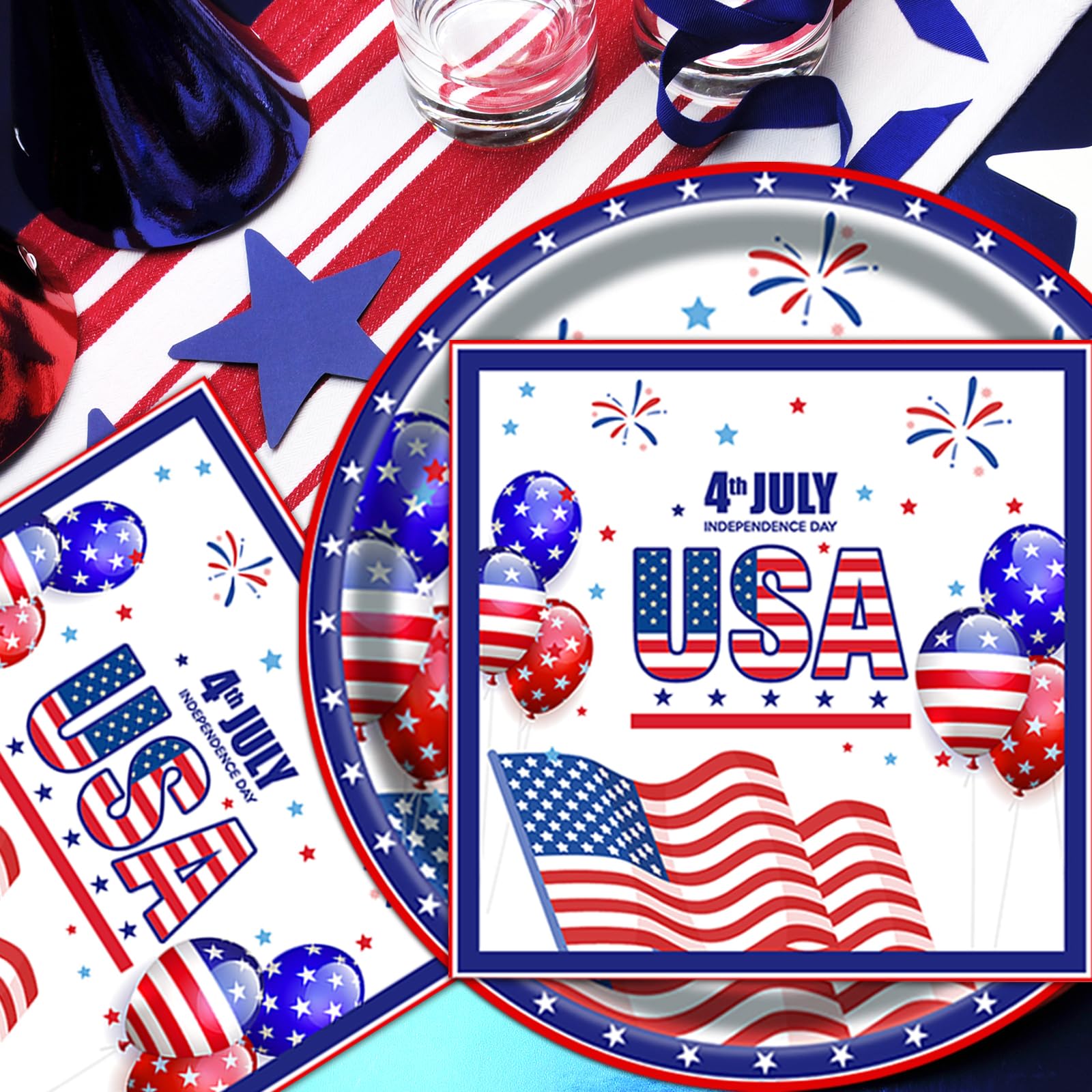 40Pcs 4th of July Paper Plates and Napkins Party Supplies Set,American Flag Dinnerware Disposable Paper Dinner Plates and Napkins for Memorial Day Veterans Day Serves 20 Guests