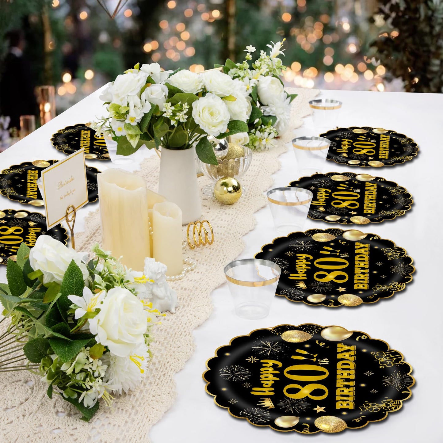 EVYIENEN 50Pcs 80th Birthday Party Paper Plates,7inch Disposable Black and Gold Scalloped Dessert Party Plates for Birthday Wedding Anniversary Reception Event Decorations