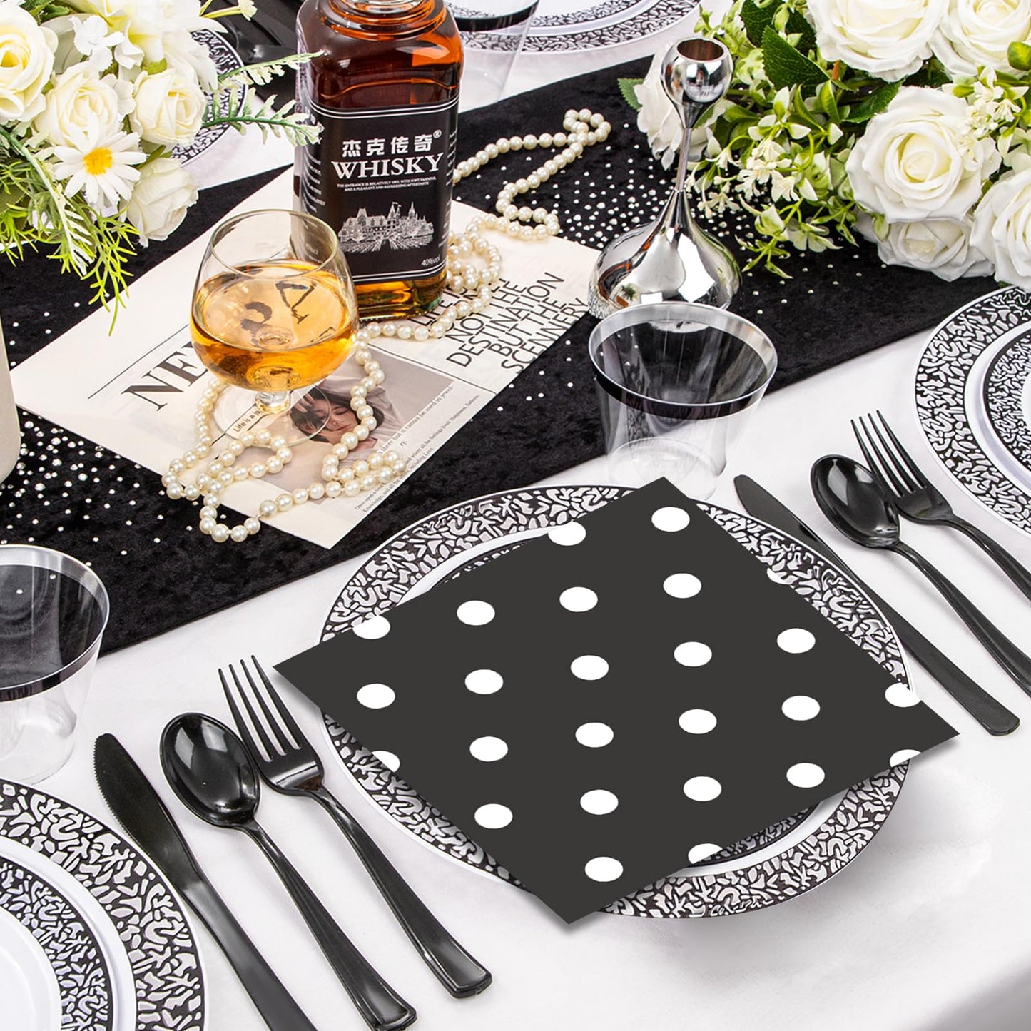 50pcs White Polka Dot Black Napkins, Disposable 2-Ply Cocktail & Happy Birthday Napkins, Polka Dot Party Decorations for Wedding Baby Shower Birthday Bridal Party