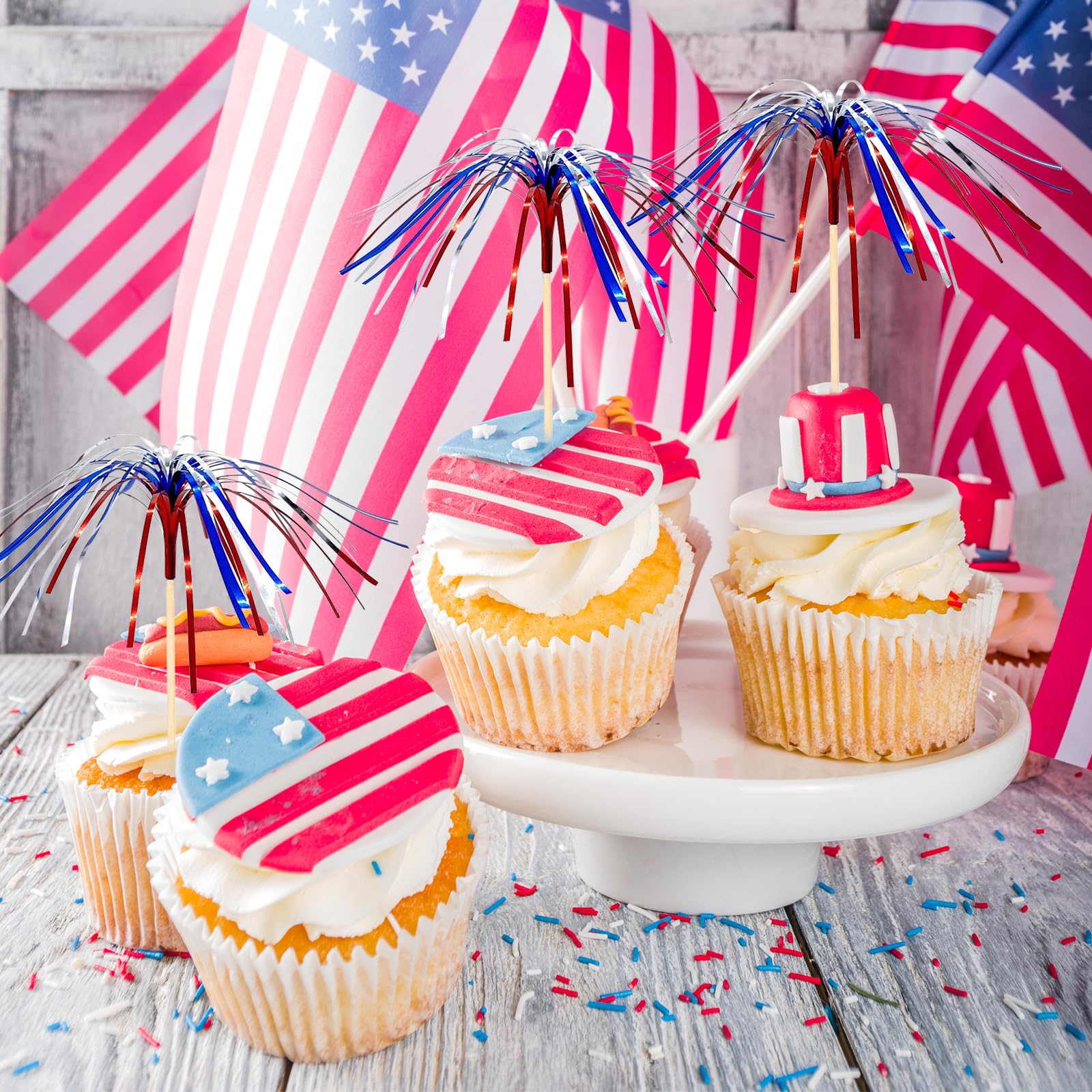 100 Pcs 4th of July Cocktail Picks, Red White Blue Firework Bamboo Toothpicks for Appetizers & Party