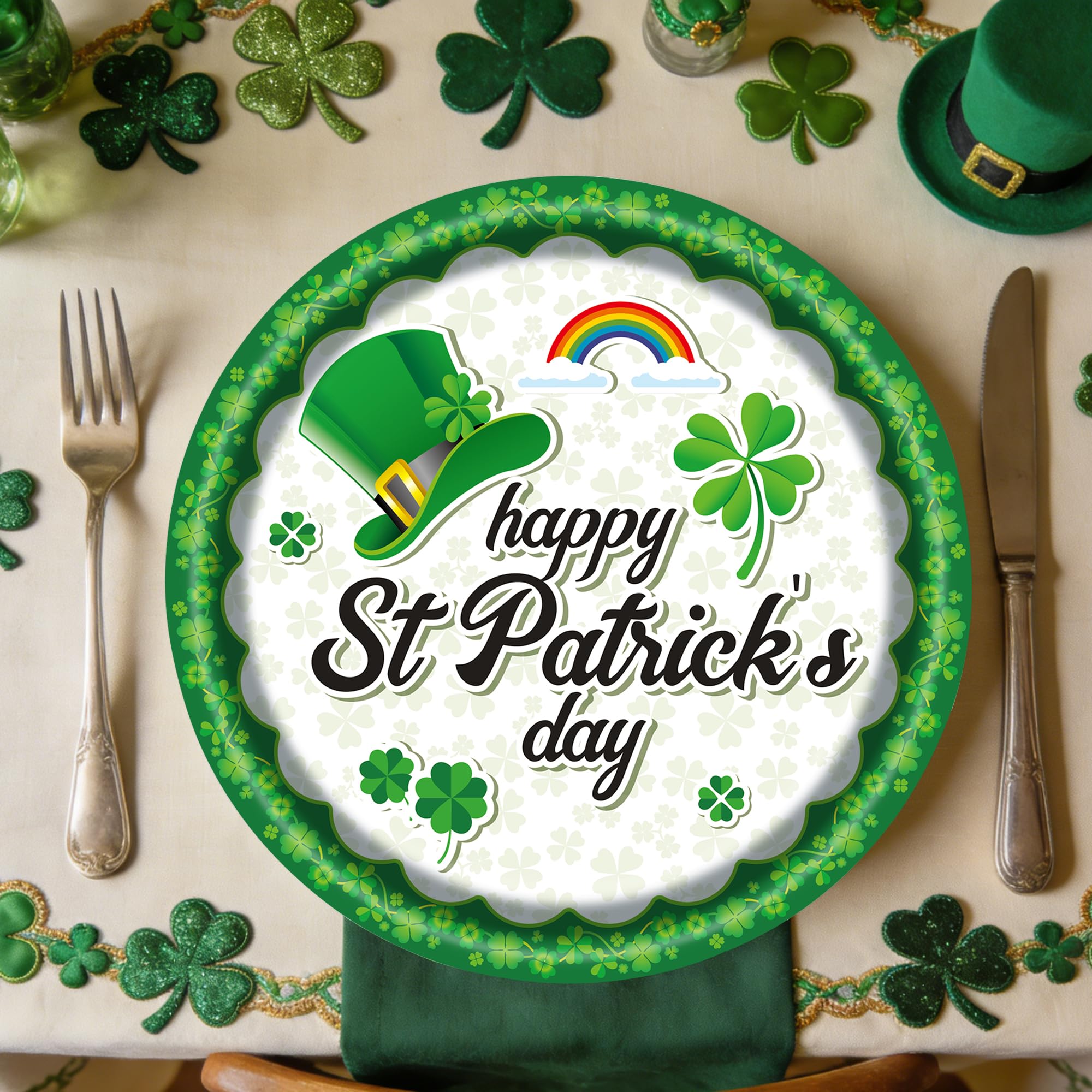 EVYIENEN 50PCS St. Patrick's Day 7-Inch Paper Plates - Green and White Lucky Shamrock Dessert Plates, Disposable Dinner Decorations for St. Patrick's Day Irish Party Supplies