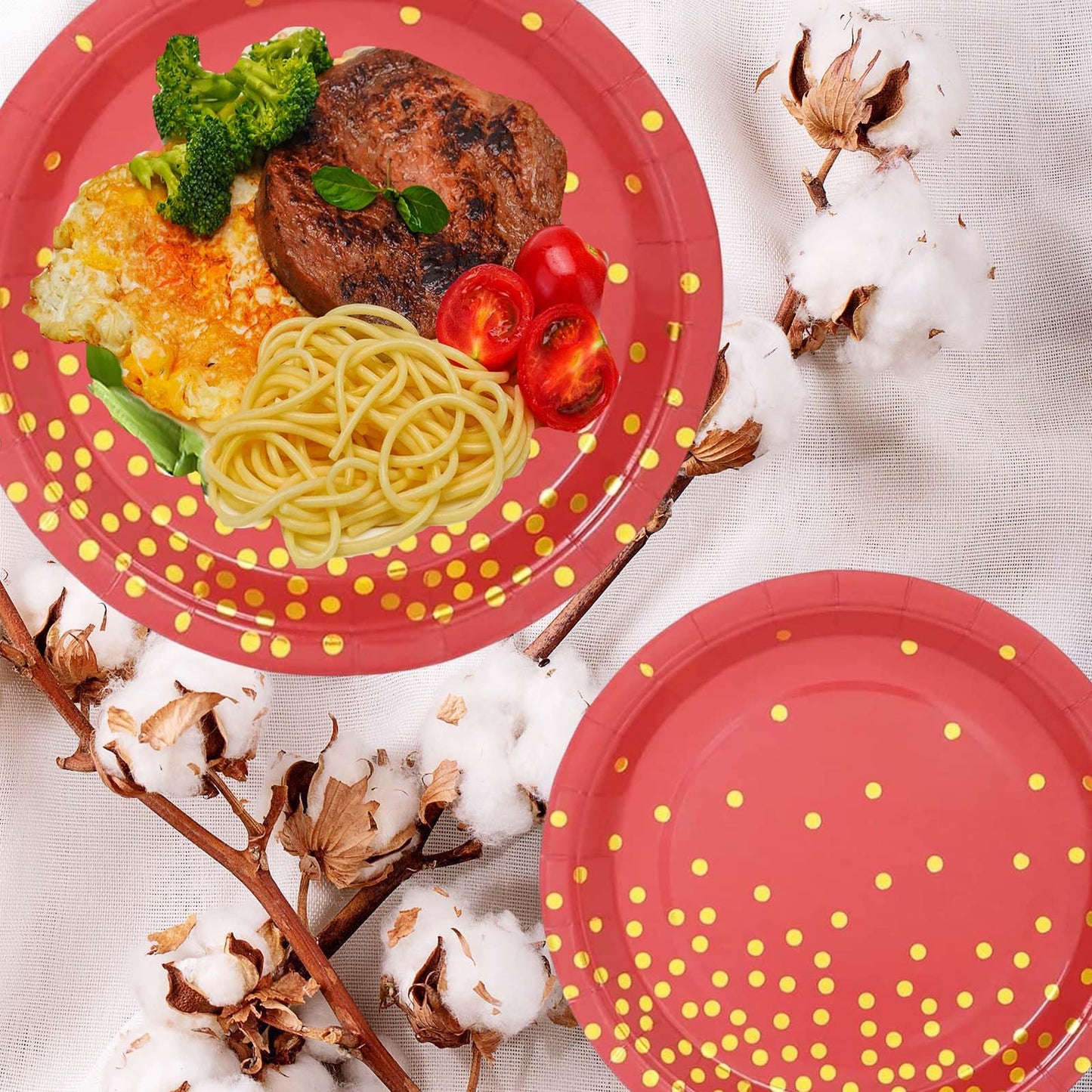 EVYIENEN 50 Pack Red and Gold Paper Plates, 7 inch Metallic Foil Polka Dots Disposable Dessert Party Plates, Perfect for Graduation, Birthday, Weddings, Holiday, Christmas
