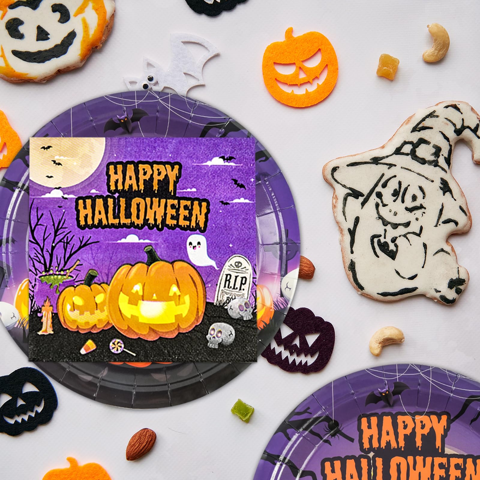 EVYIENEN 40PCS Happy Halloween Paper Plates and Napkins,9Inch Disposable Pumpkin Ghost Dessert Plates for Halloween Theme Birthday Party Supplies,Serve 20