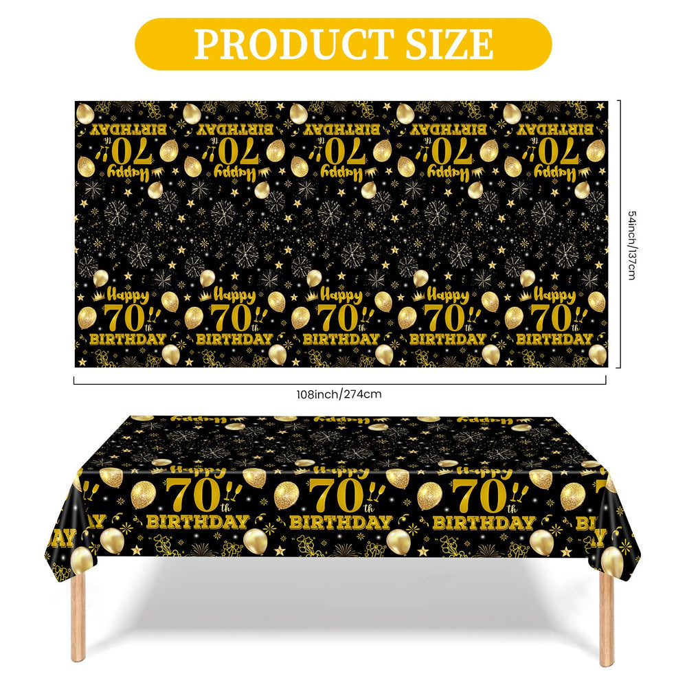 EVYIENEN 2 Pack 70th Birthday Tablecloth,Disposable Black Gold Plastic Waterproof Rectangular Table Covers for Christmas Party Decorations Men Women, 54 x 108 Inch — image 2