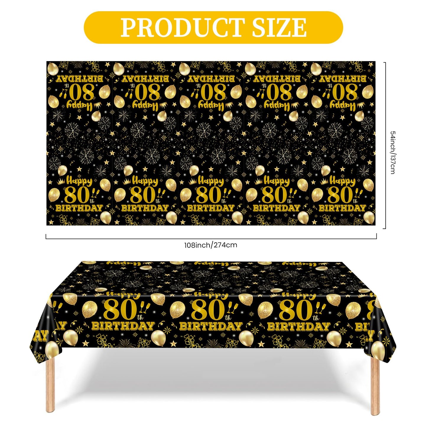 EVYIENEN 2 Pack 80th Birthday Tablecloths,54 x 108 inch Disposable Black and Gold Plastic Waterproof Rectangular Table Covers for Men’s Christmas Party Decorations