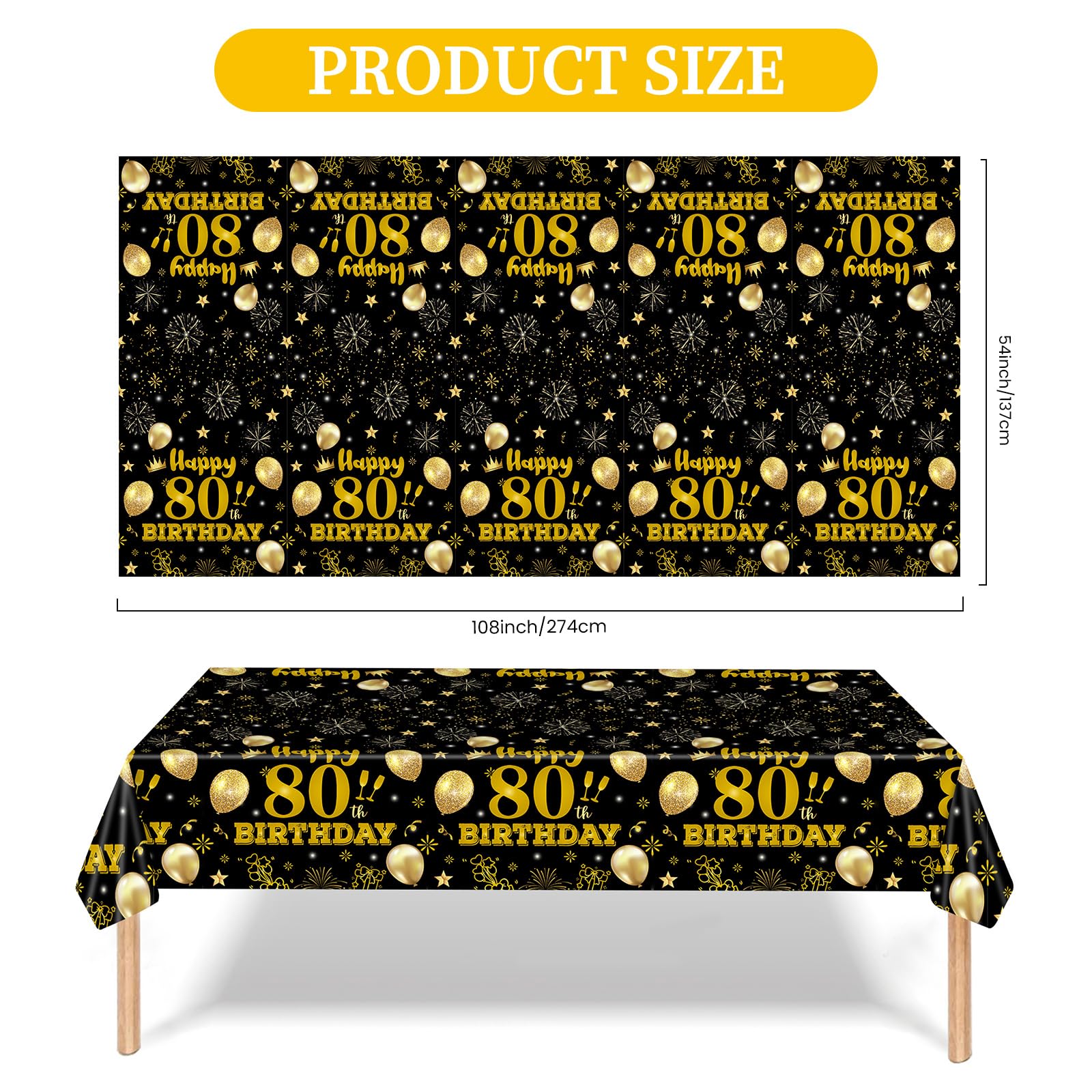 EVYIENEN 2 Pack 80th Birthday Tablecloths,54 x 108 inch Disposable Black and Gold Plastic Waterproof Rectangular Table Covers for Men’s Christmas Party Decorations