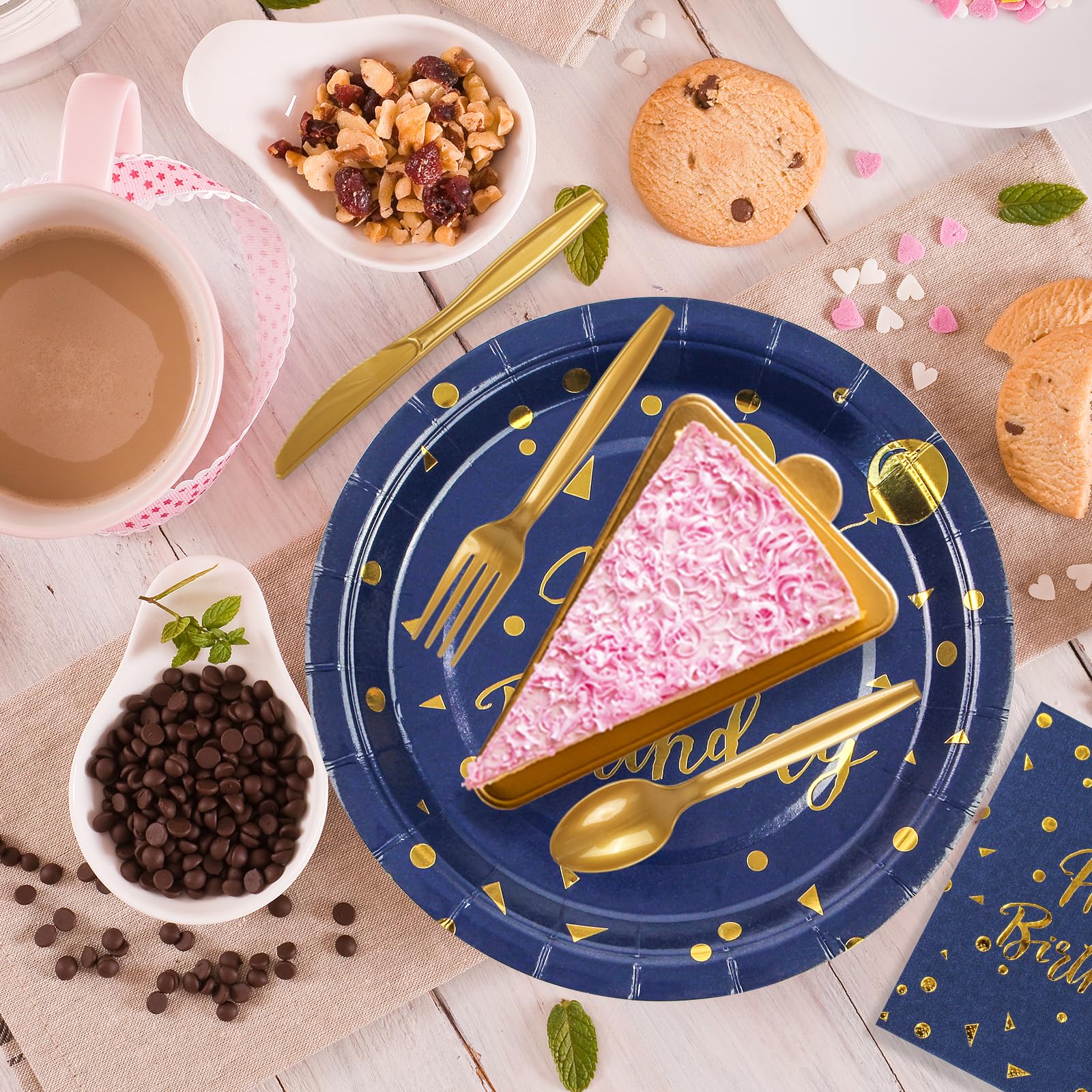 168PCS Happy Birthday Blue and Gold Party Supplies,Disposable Party Decorations Paper Plates Napkins Cups Plastic Forks Knives Spoons for Birthday New Year Wedding,Serve 24