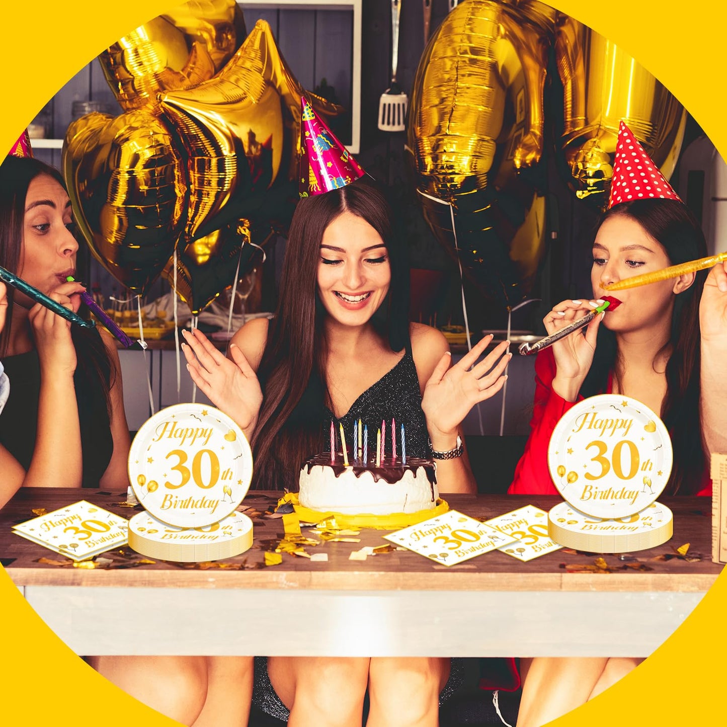 EVYIENEN 50PCS 30th Happy Birthday Plates and Napkins,7 Inch Premium Wihte and Gold Birthday Dessert Cake Plates Party and Cocktail Napkin for Men and Women Table Anniversary Decoration