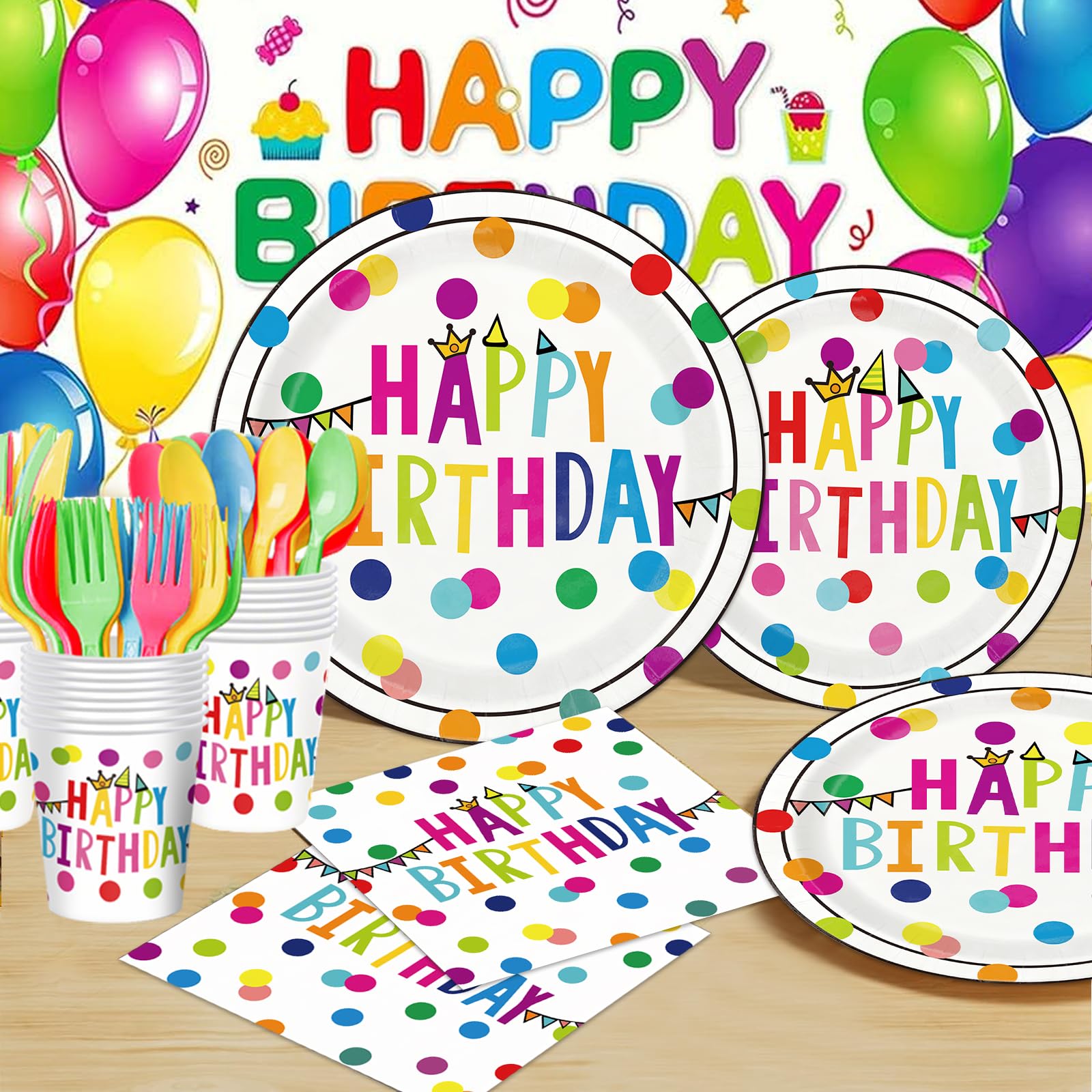 Birthday Plates & Napkins Party supplies - 175Pcs Happy Birthday Paper Plates and Napkins Sets, Disposable Happy Birthday Dots Tableware Set for Boys and Girls Party Decorations, Serves 25