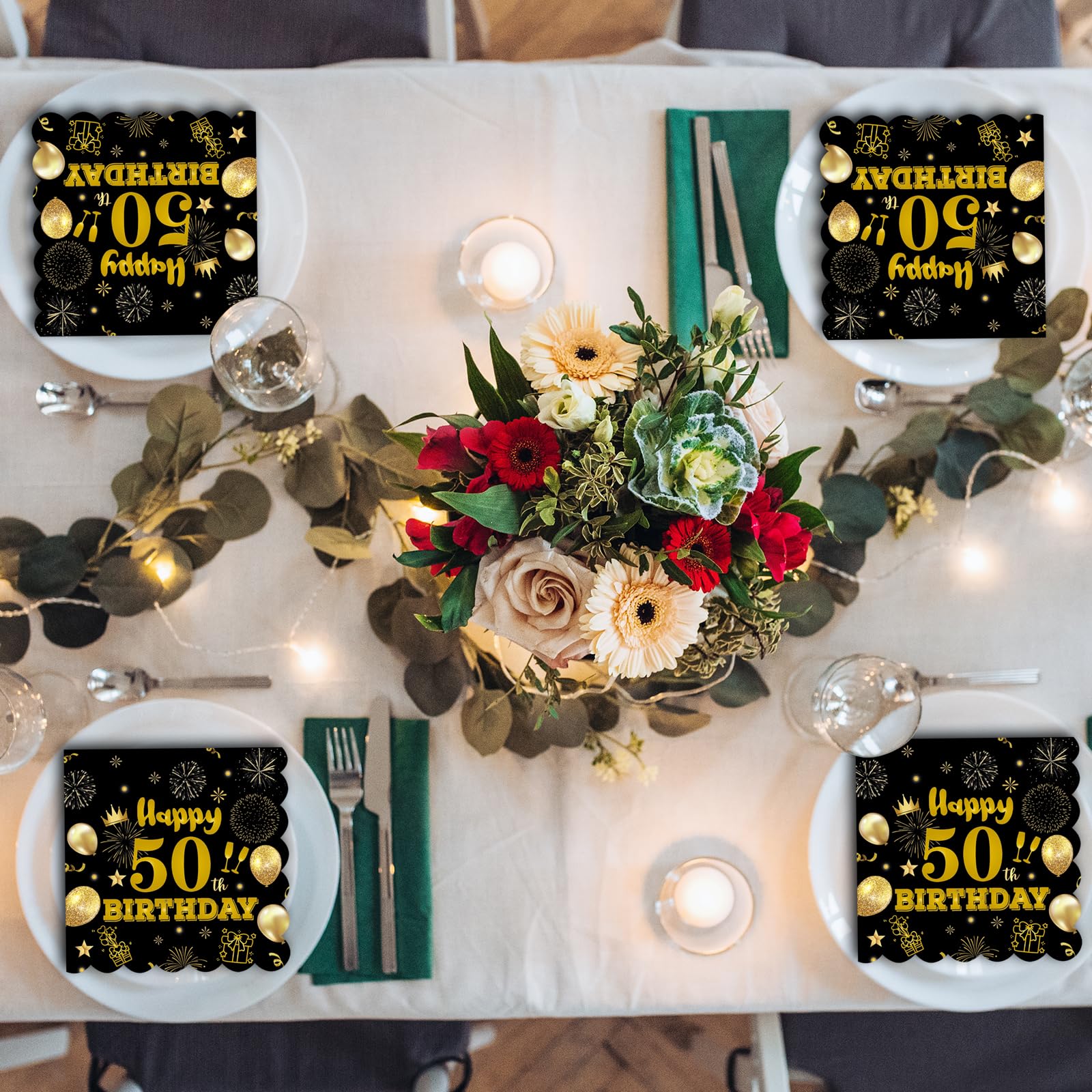 50pcs 40th Birthday Paper Napkins,13 x 13 inch Black and Gold Scalloped Dessert Cocktail Napkins Disposable Party Men Women Napkins 540th Birthday Decorations
