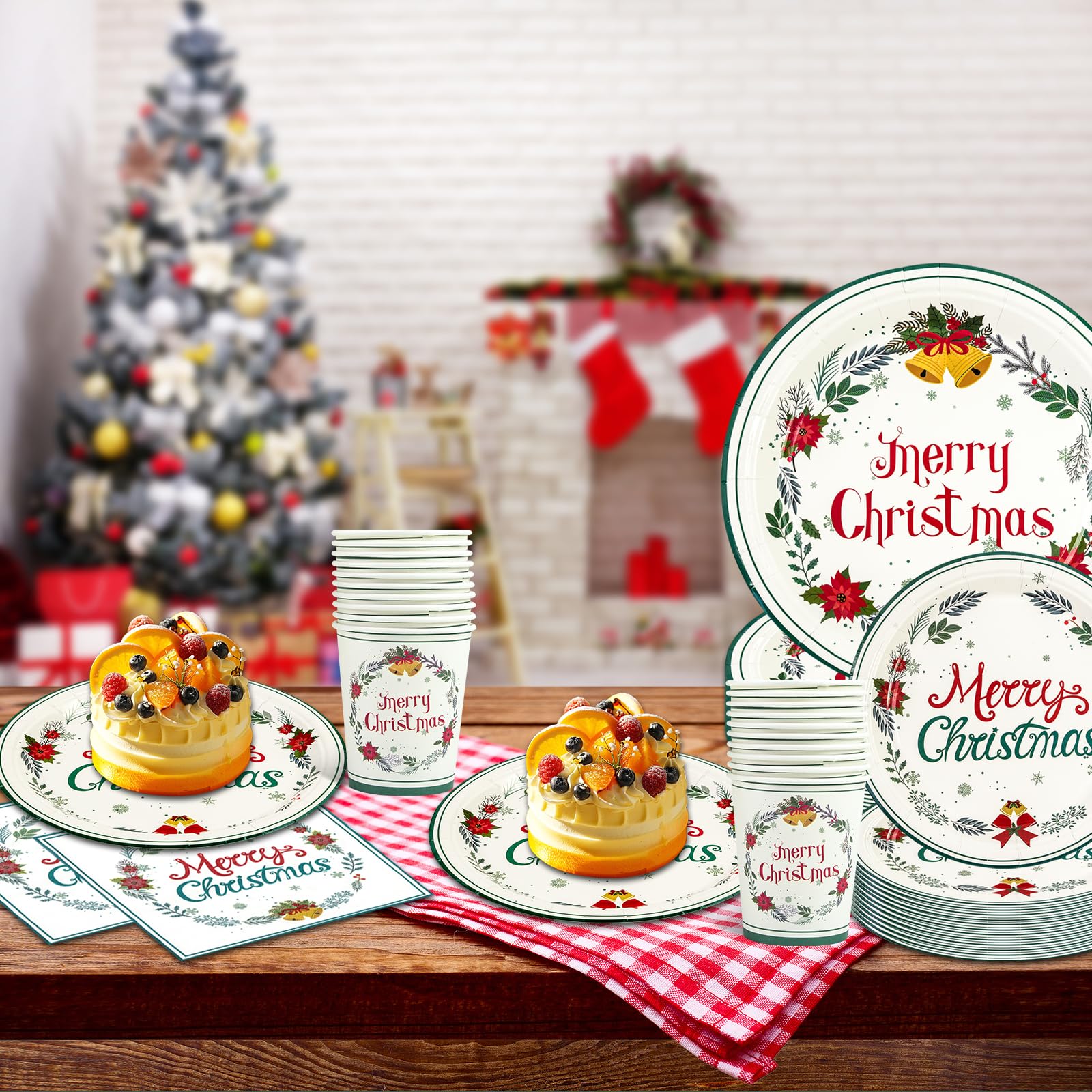 EVYIENEN 200 PCS Christmas Paper Plates and Napkins,Xmas Poinsettia Flower Tree Disposable Dinner Plates Party Dessert Plates for Christma Xmas Winter Party Supplies,Serves 50