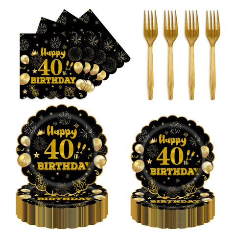 EVYIENEN 96Pcs 40th Birthday Party Tableware Set,Back in 1965 Birthday Party Decorations Supplies, Disposable Black and Gold 40th Birthdays Paper Plates Napkins Forks Favors for Men Women, Serve 24