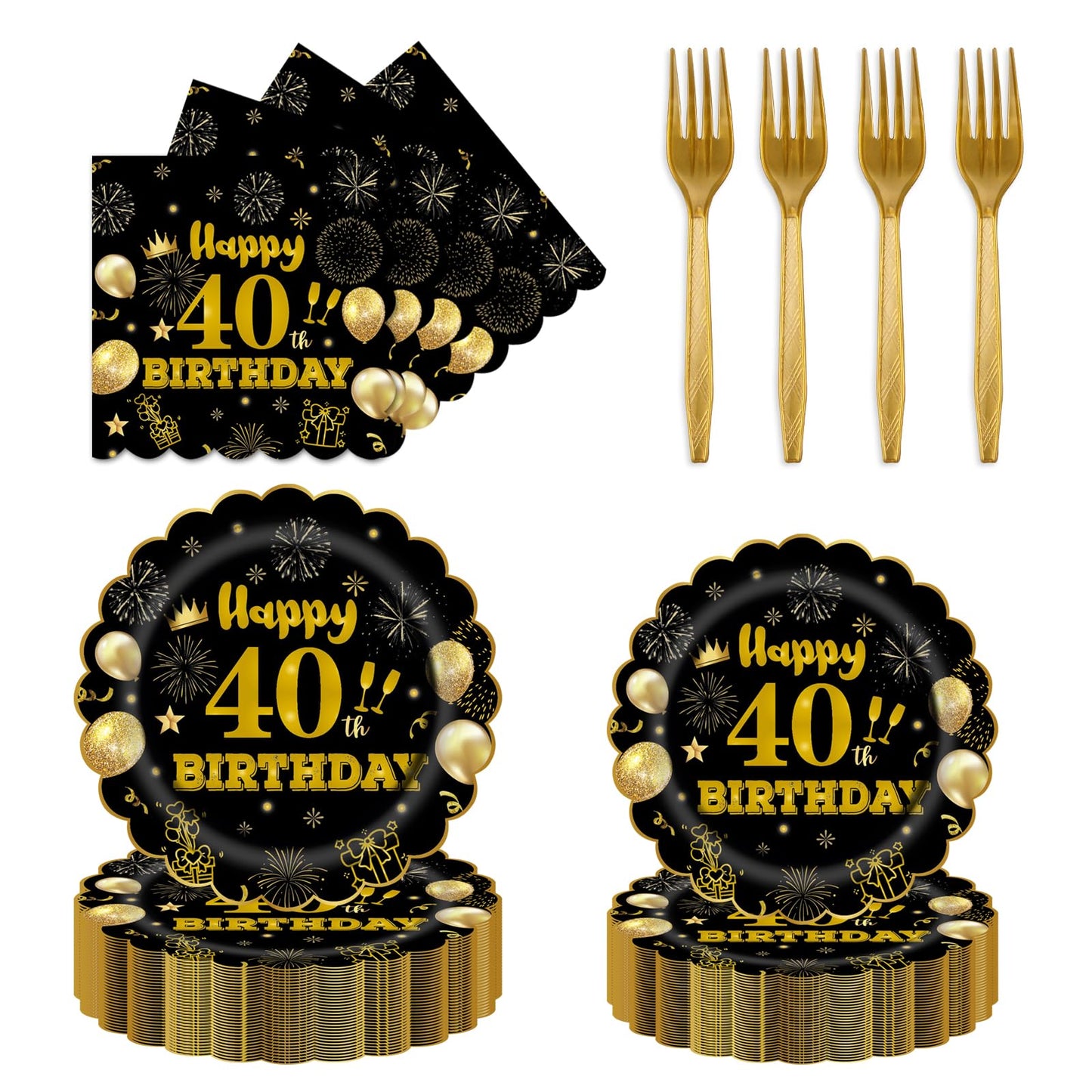EVYIENEN 96Pcs 60th Birthday Party Tableware Set,Back in 1965 Birthday Party Decorations Supplies, Disposable Black and Gold 60th Birthdays Paper Plates Napkins Forks Favors for Men Women, Serve 24