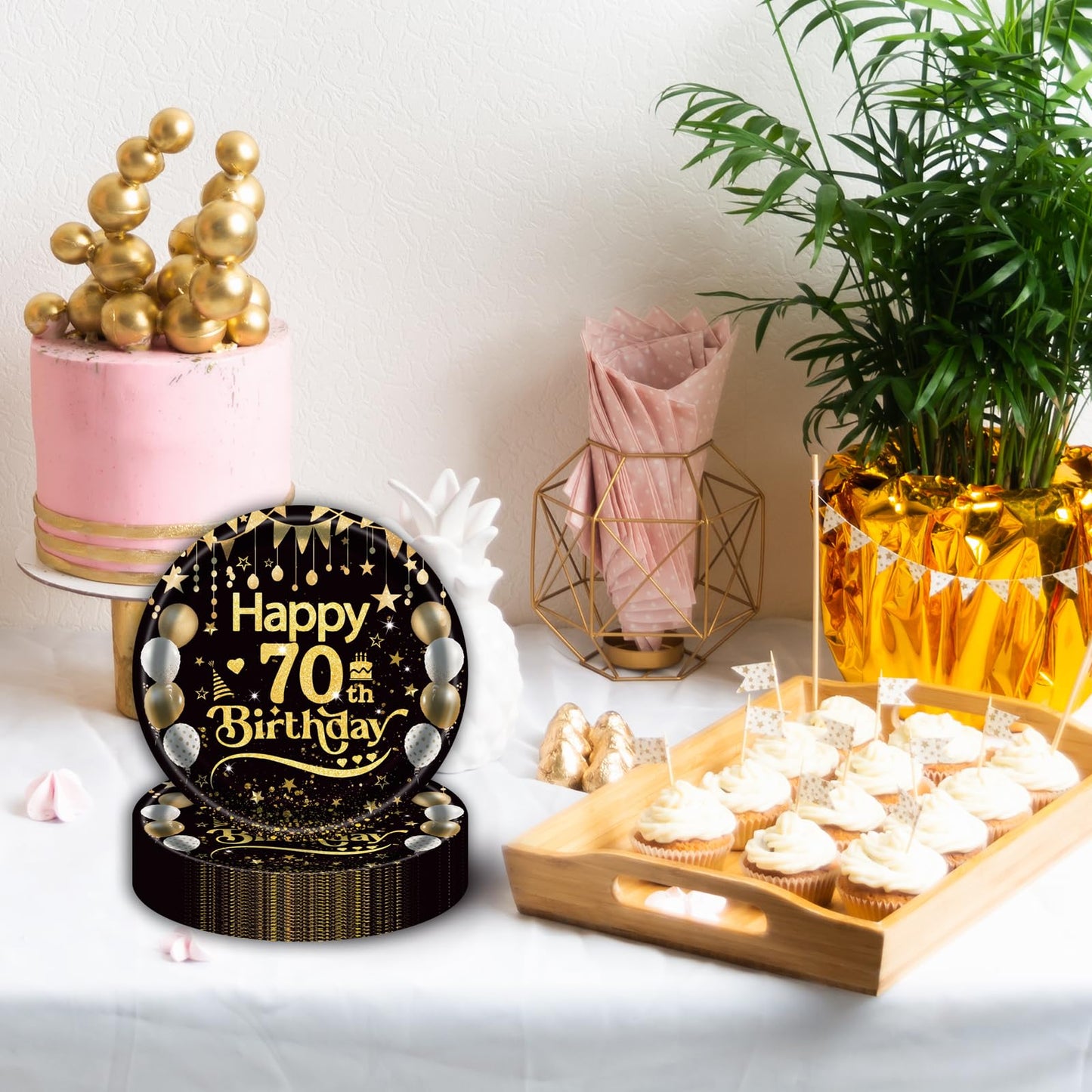 EVYIENEN 50Pcs 70th Birthday Party Paper Plates,7inch Disposable Black and Gold Dessert Party Plates Party Decorations for Men Woman 70th Happy Birthday Wedding Party Supplies