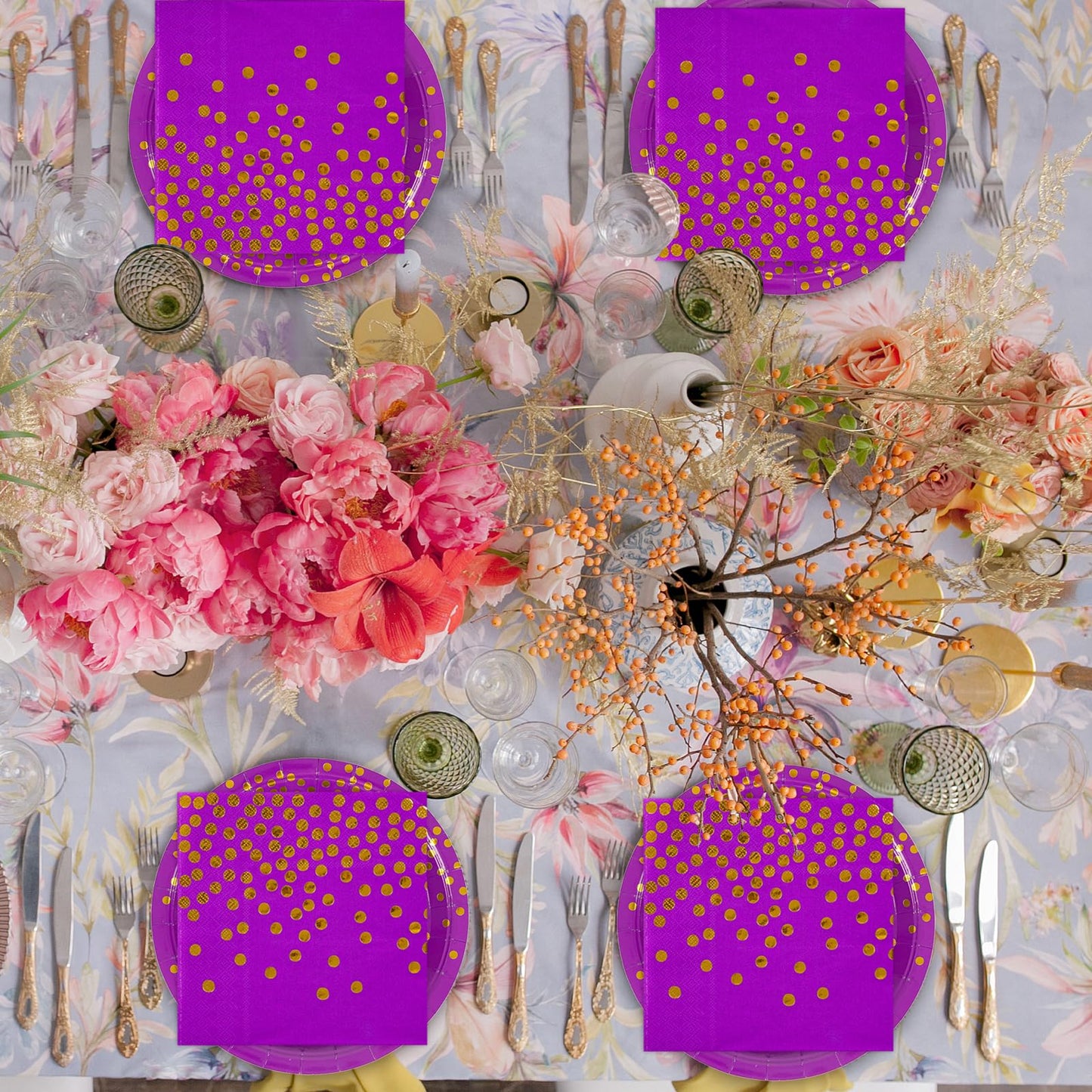 50PCS Purple and Gold Birthday Dinner Plates and Napkins Party Supplies,25 x 7 inch Purple Gold Foil Decorations Dessert Plates and 25 x 6.5 inch Napkins for Birthdays New Year Weddings Graduations