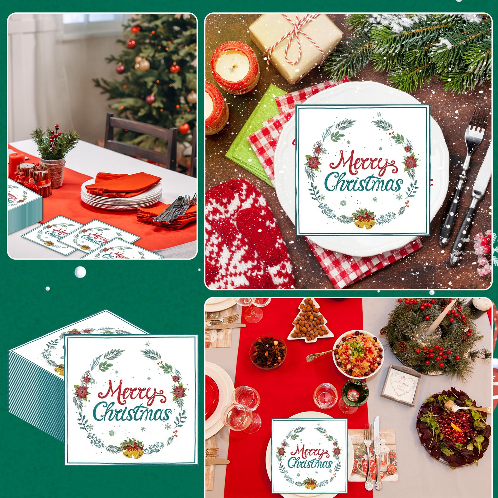 50pcs Merry Christmas Napkins Paper,13 x 13 Inch Disposable Christmas Cocktail Napkins,Holly Leaves Red Berries Napkin Dinnerware Sets for Winter Xmas Party Table Decorations Supplies Favors