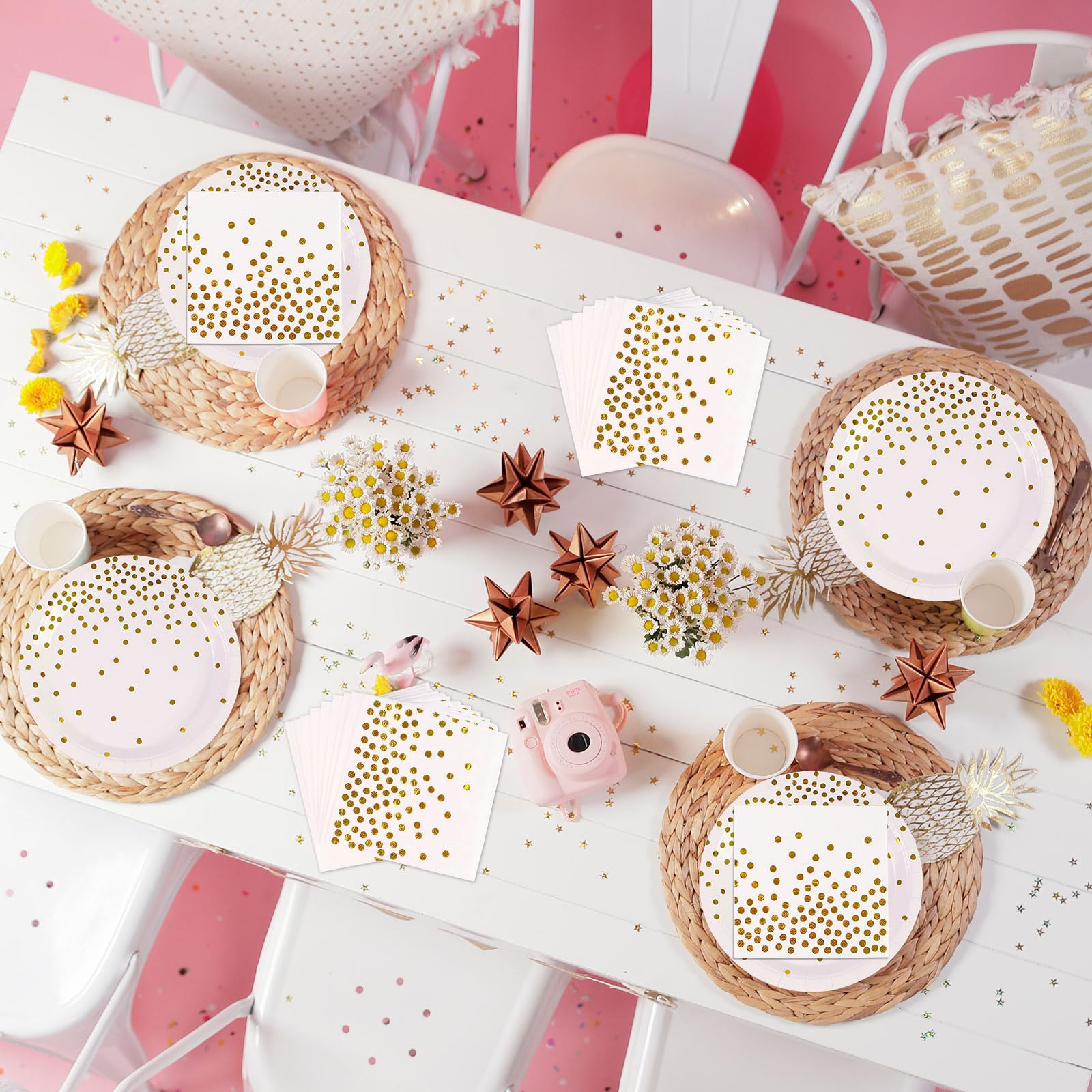 50Pcs White and Gold Dinner Plates and Napkins, 9 Inch Gold Foil Dot Dessert Plates with Napkins for Birthdays, Weddings and New Year, Serves 25