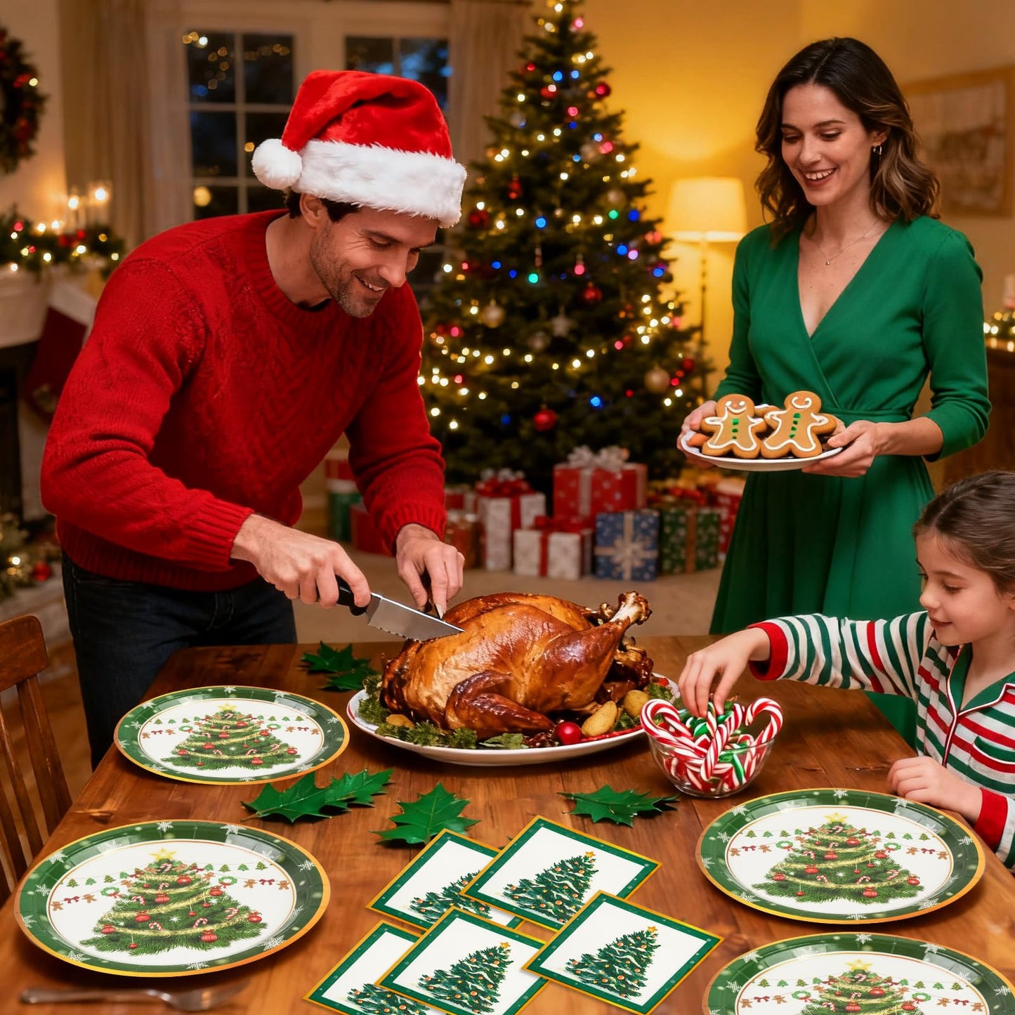 EVYIENEN 150 Pcs Christmas Plates and Napkins,Christmas Tree Party Supplies Merry Christma Disposable Paper Plates Napkins Dinnerware Set for Holiday Party Table Supplies