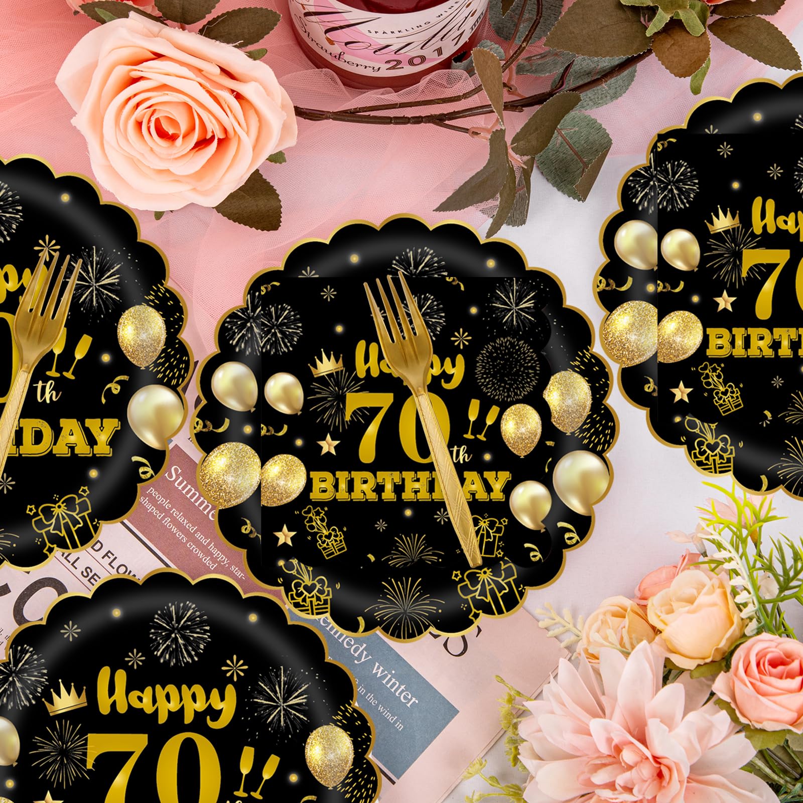 EVYIENEN 75 PCS 70th Birthday Party Supplies Paper Plates and Napkins,Black and Gold 70th Birthday Plates Napkins Tableware Set for Boys Girls Tableware Set Decorations
