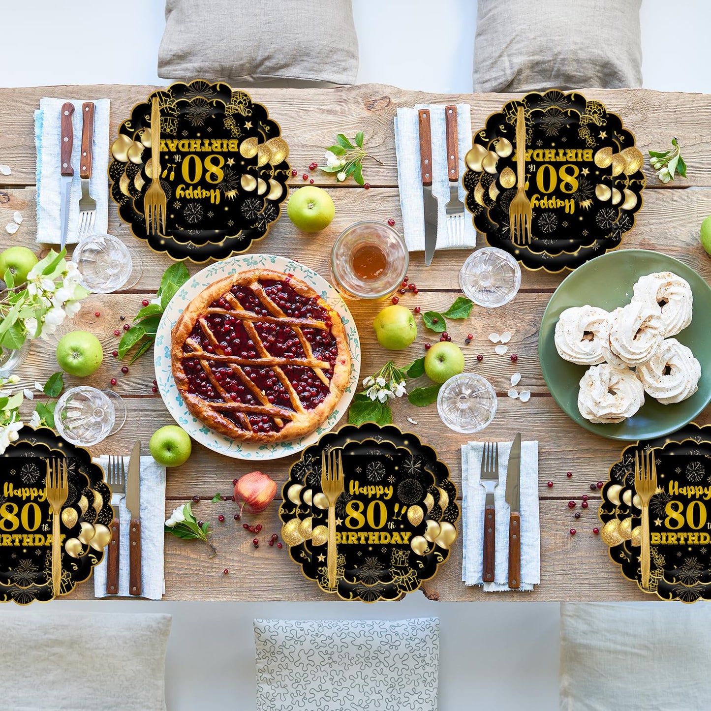 EVYIENEN 96Pcs 80th Birthday Party Tableware Set,Back in 1965 Birthday Party Decorations Supplies, Disposable Black and Gold 80th Birthdays Paper Plates Napkins Forks Favors for Men Women, Serve 24
